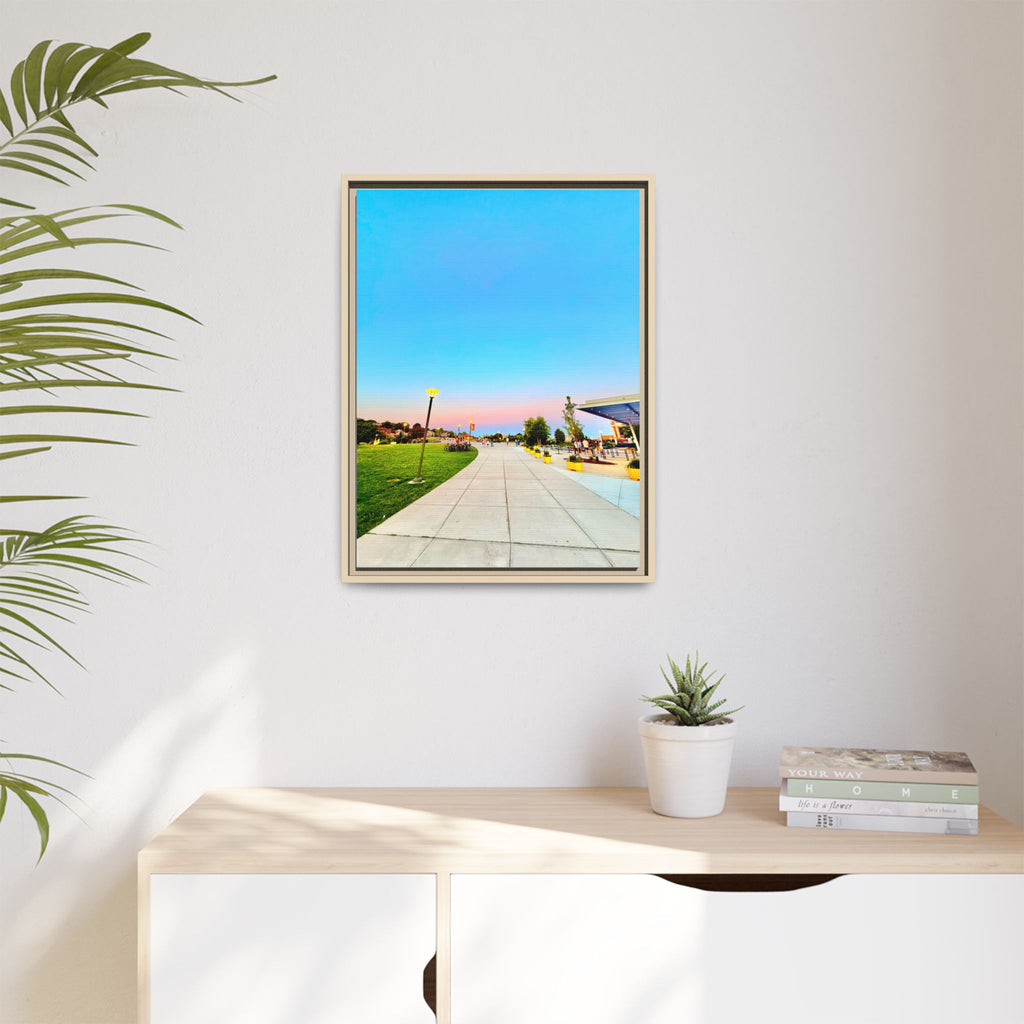 Sunset Promenade Matte Framed Canvas — Pastel Sky Walkway Wall Art