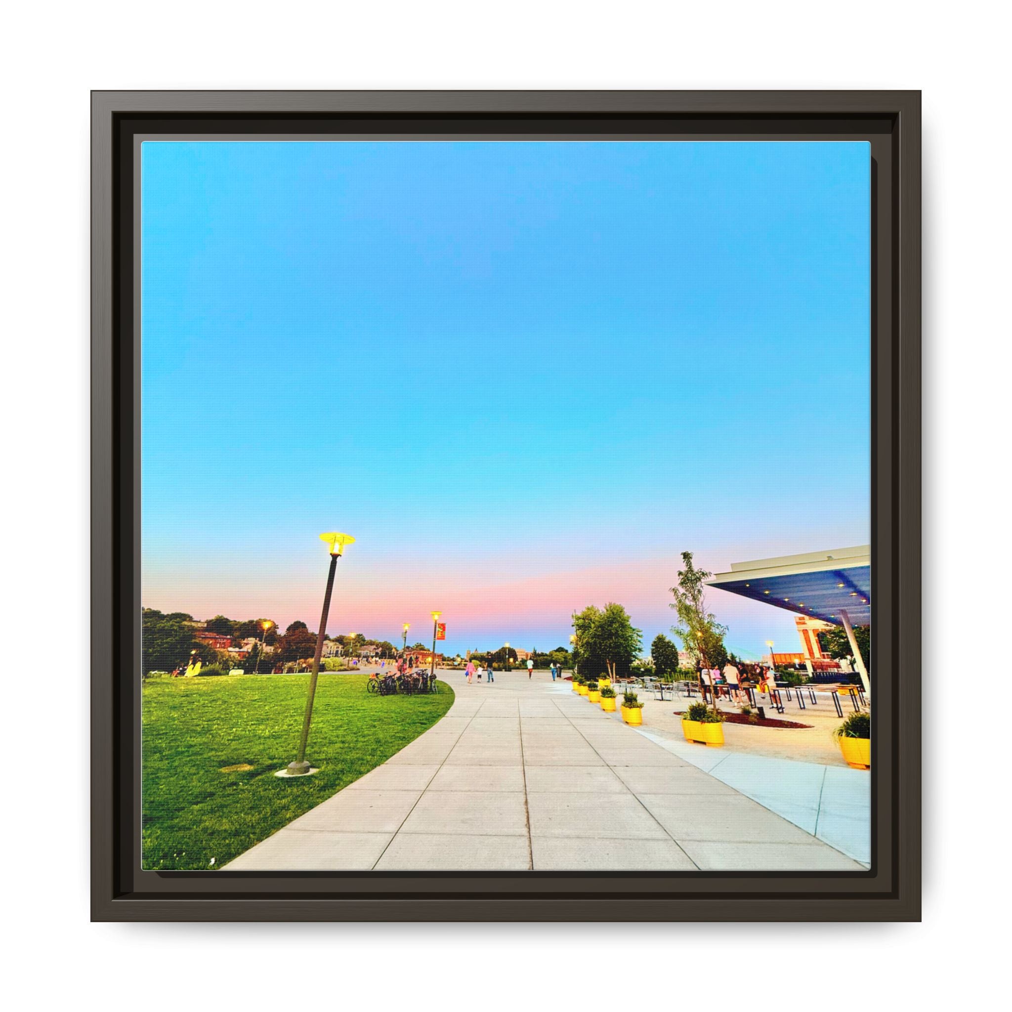 Sunset Promenade Matte Framed Canvas — Pastel Sky Walkway Wall Art