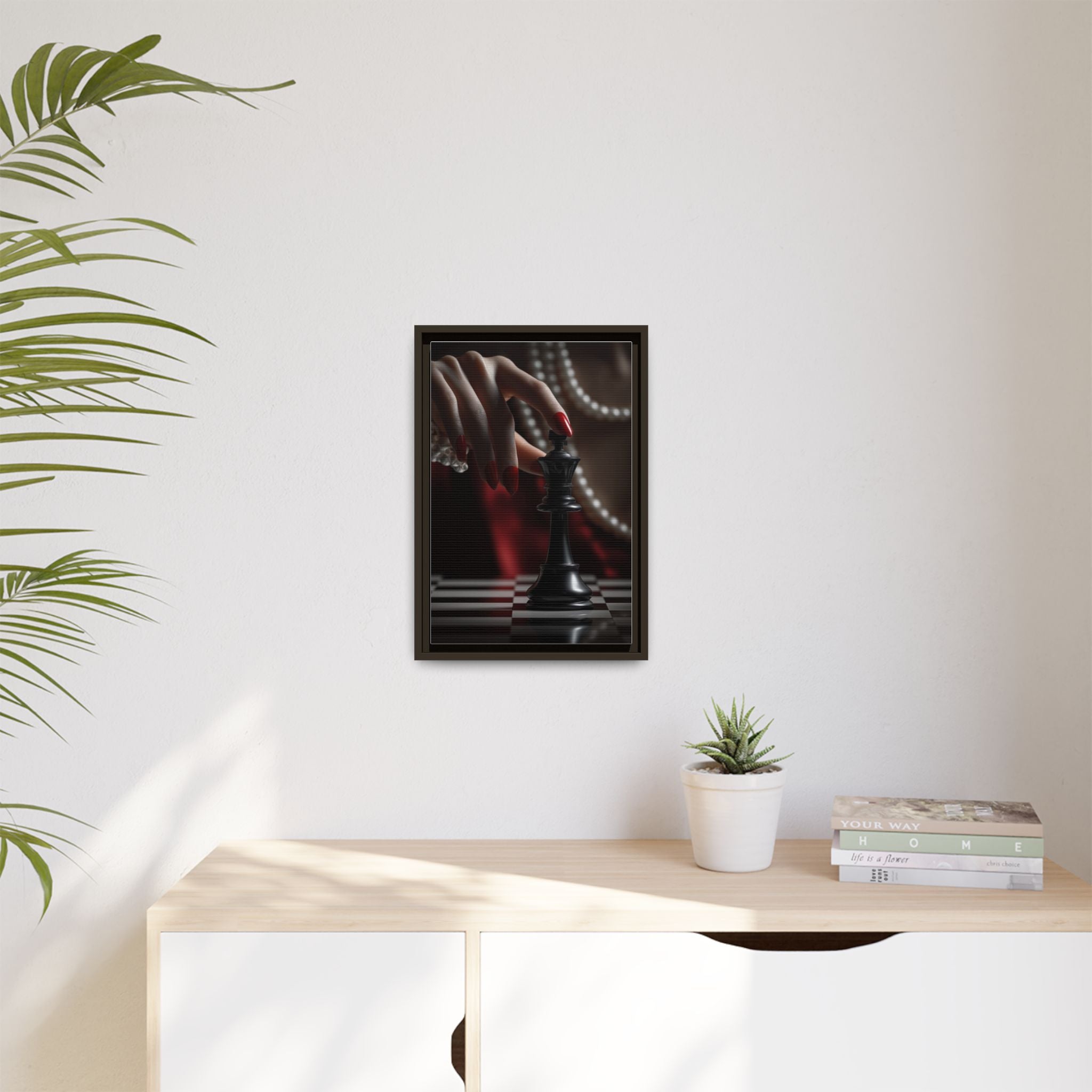 Framed Matte Canvas Art — Femme Hand & Chess King (Pearls, Noir Glam)