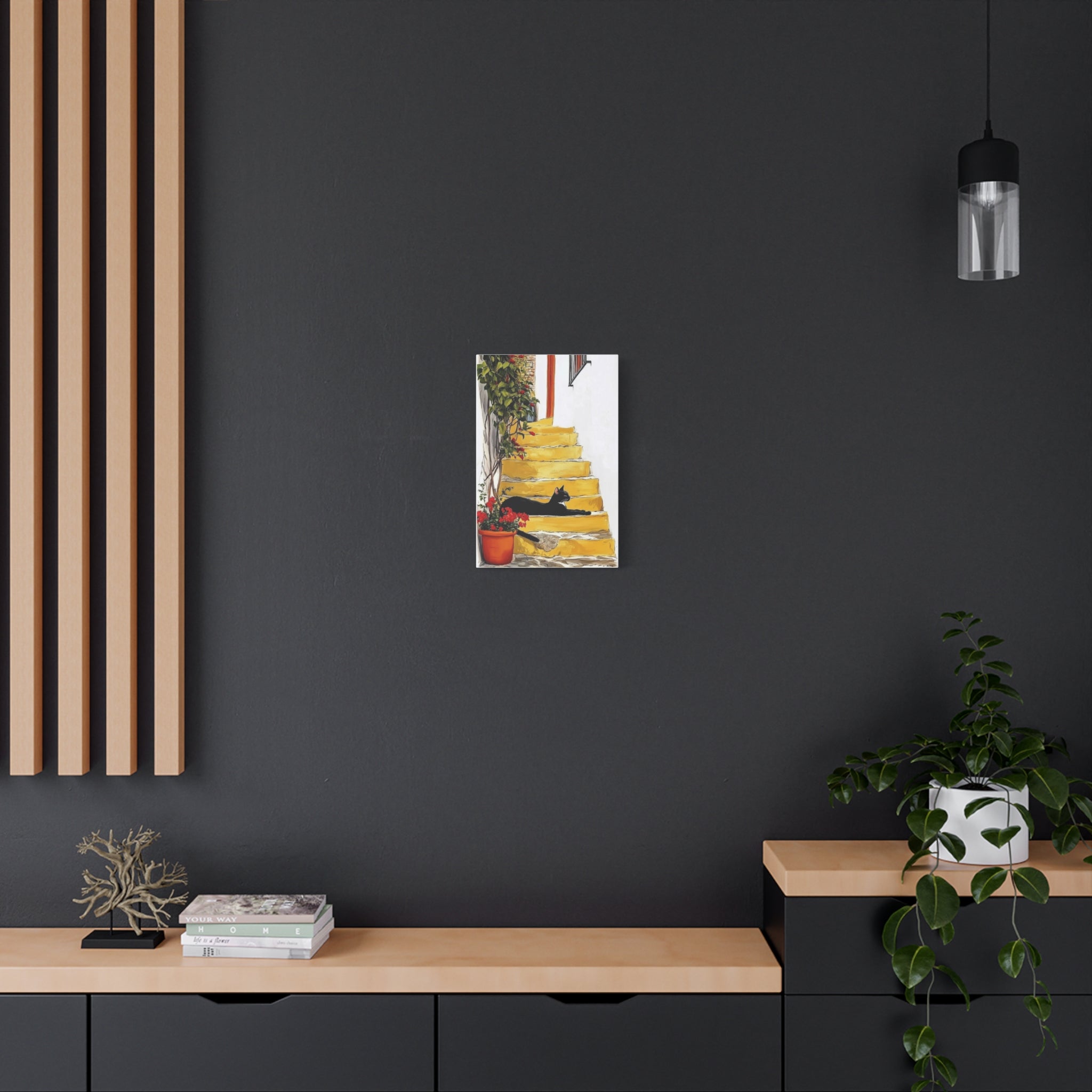 Black Cat on Yellow Steps Canvas Art Print, Whimsical Home Decor, Gift for Cat Lovers, Wall Art, Cozy Vibe, Pet Memorable Art
