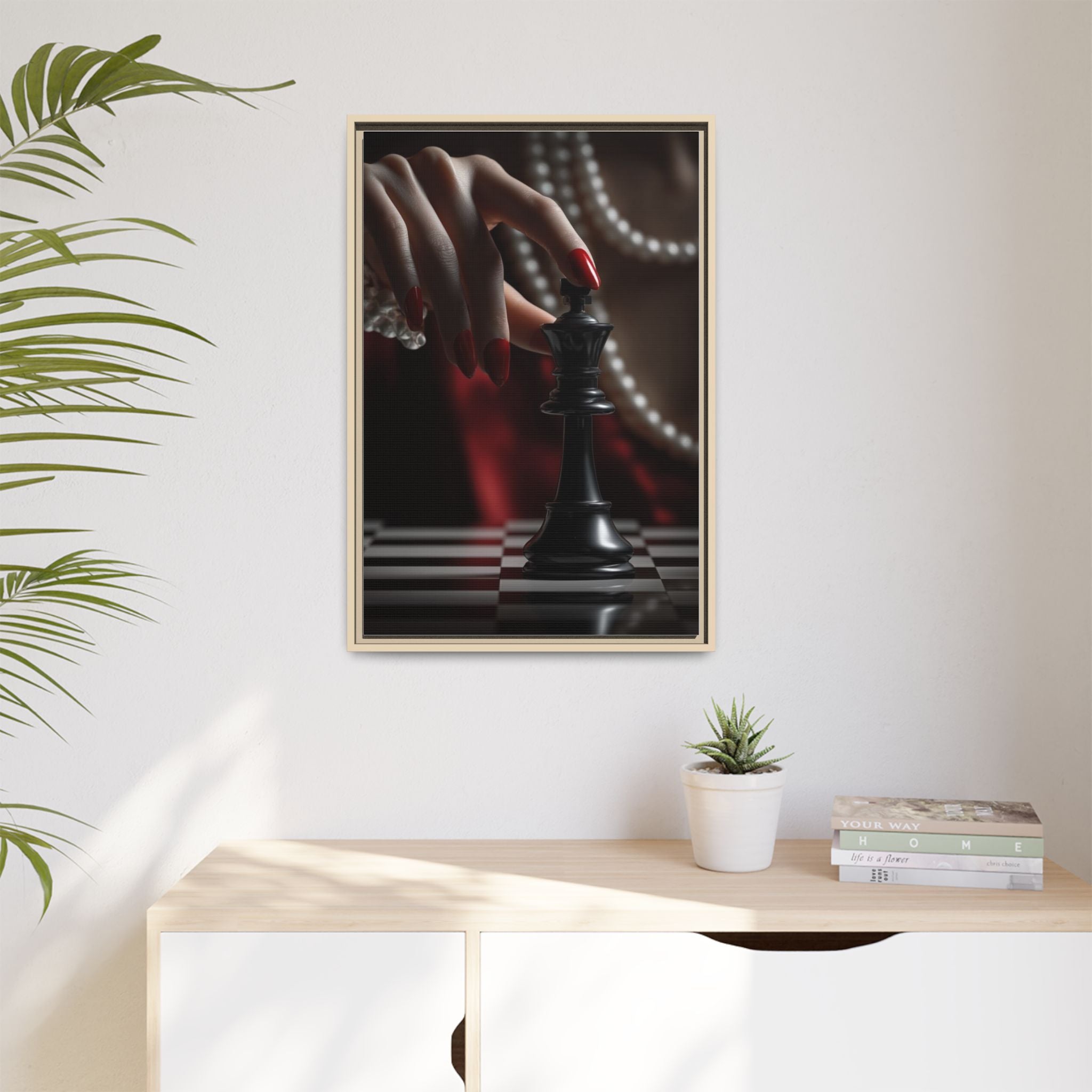 Framed Matte Canvas Art — Femme Hand & Chess King (Pearls, Noir Glam)