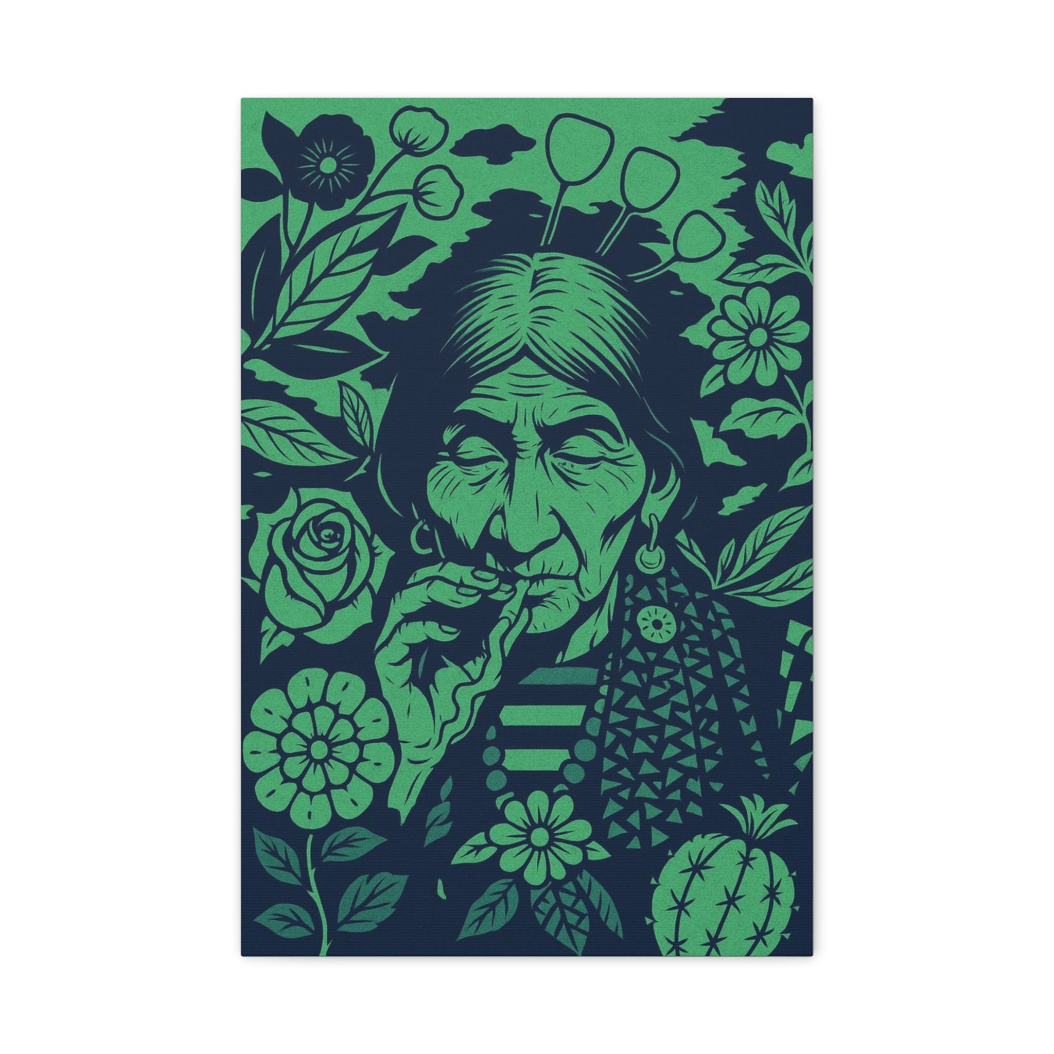 Vintage Smoking Woman Art Canvas — Green Floral Stretched Wall Art