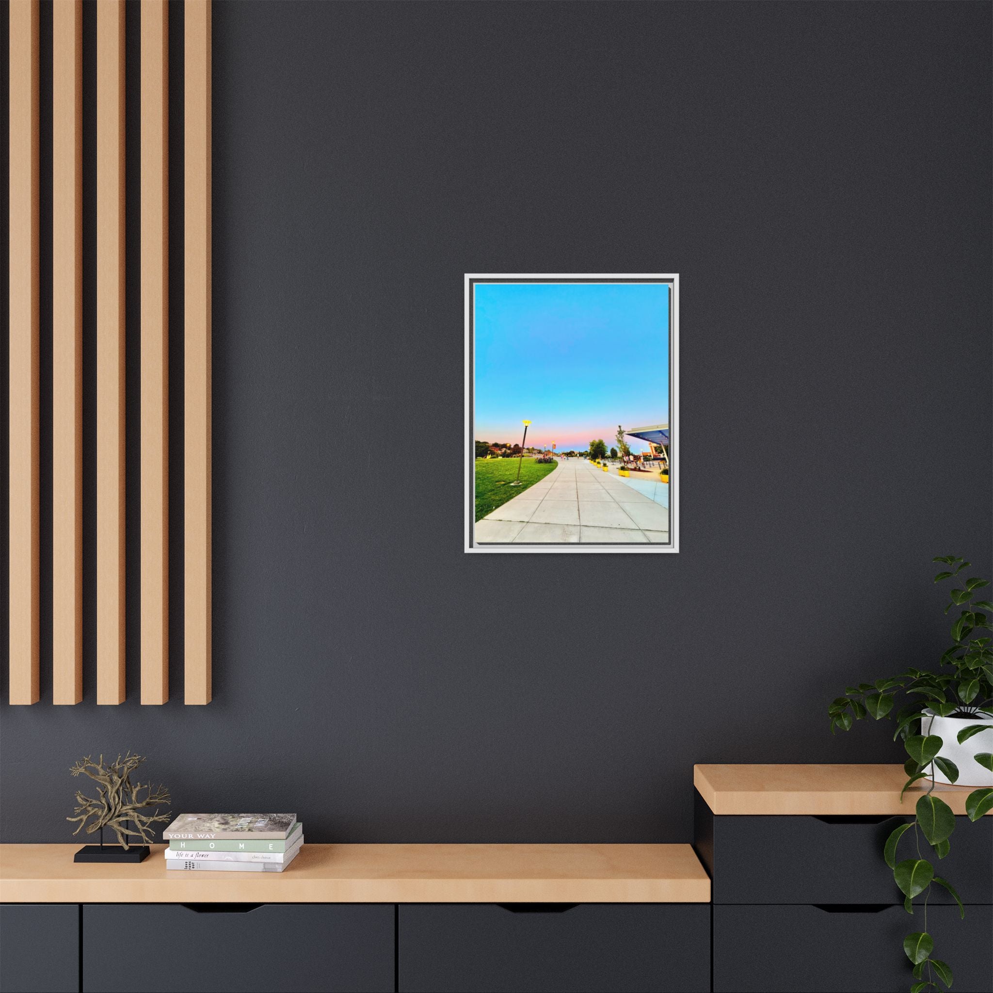 Sunset Promenade Matte Framed Canvas — Pastel Sky Walkway Wall Art