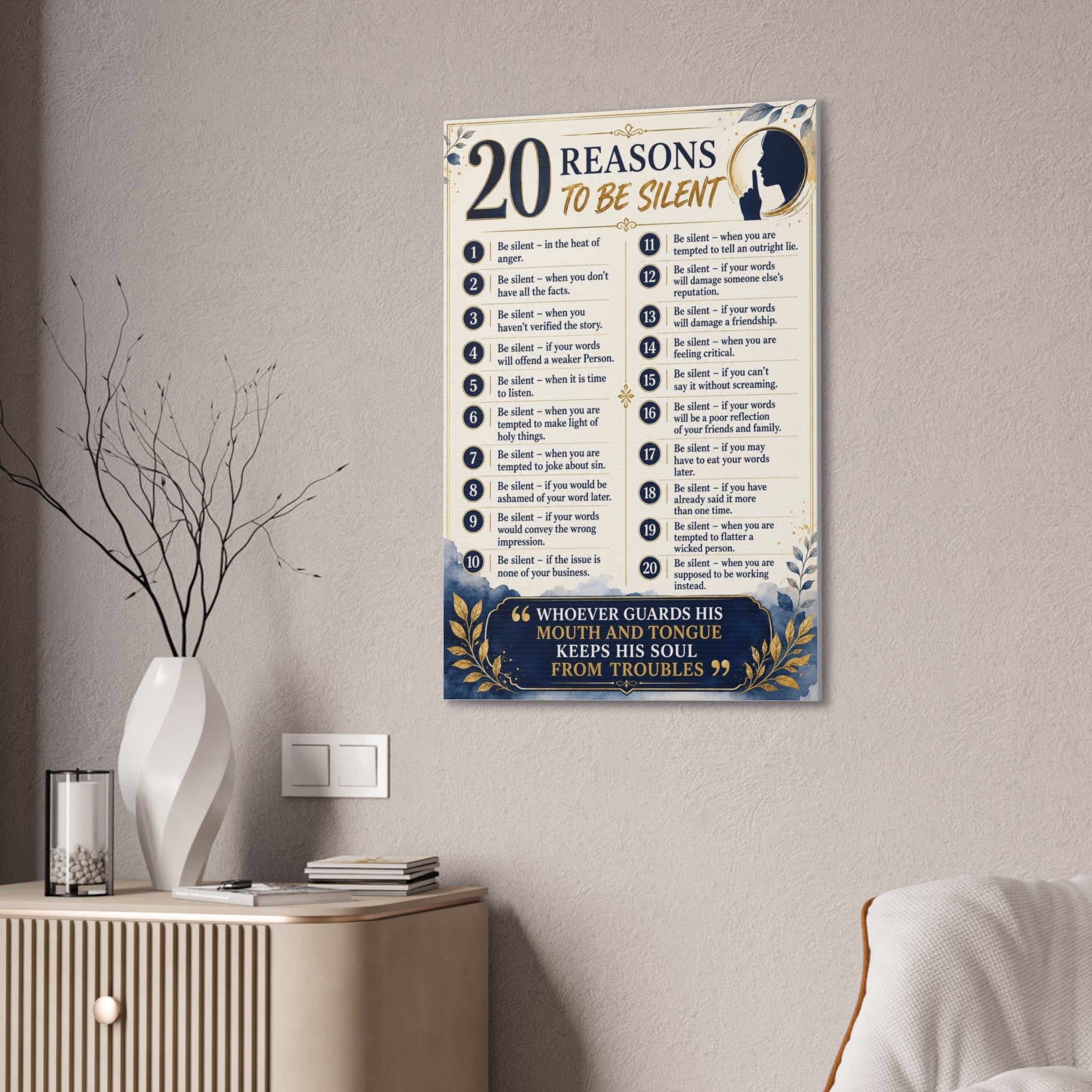 20 Reasons to Be Silent Canvas Wall Art — Inspirational Faith Quote Print