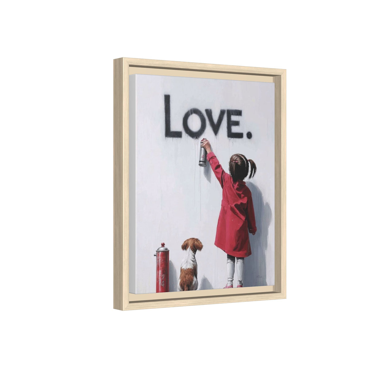 'LOVE.' Girl Spray-Painting with Dog- Framed Canvas Art
