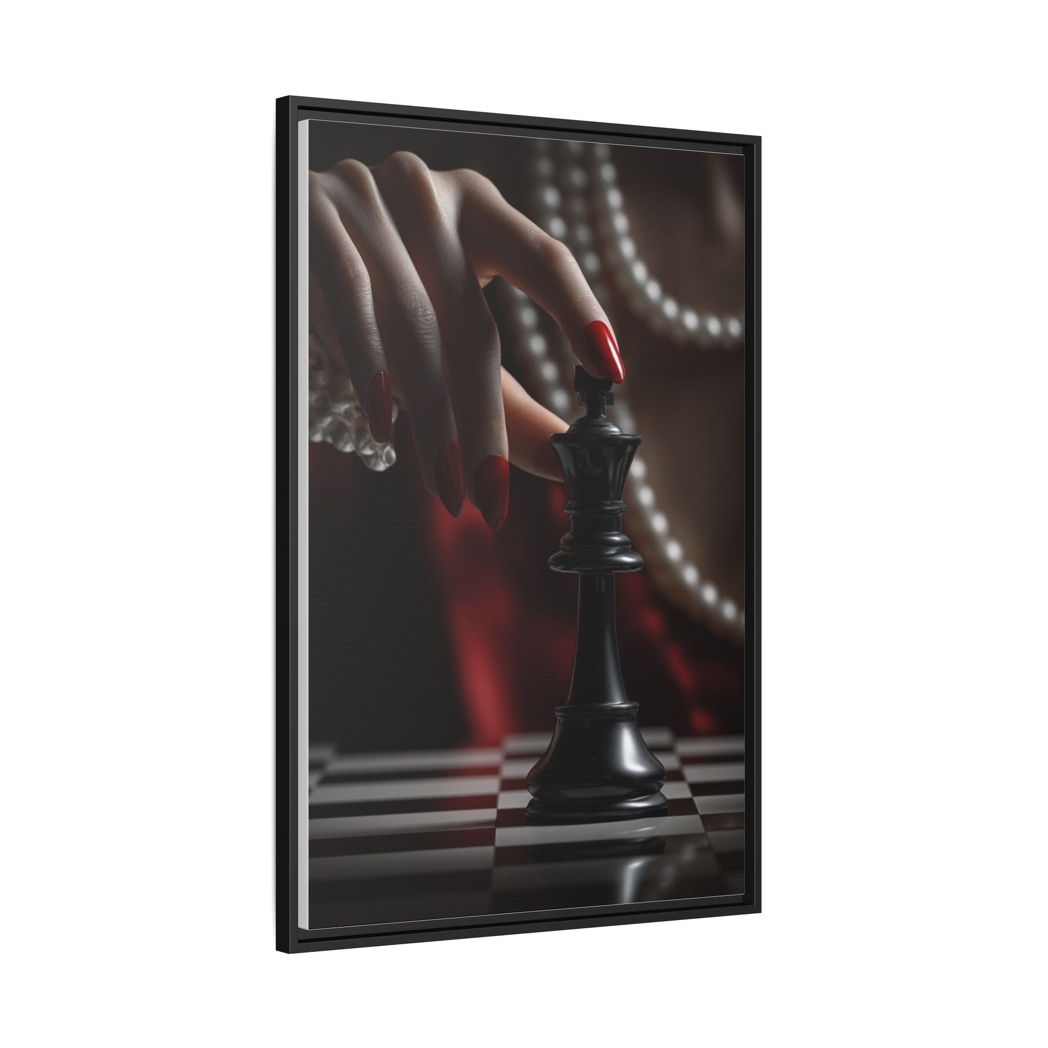 Framed Matte Canvas Art — Femme Hand & Chess King (Pearls, Noir Glam)