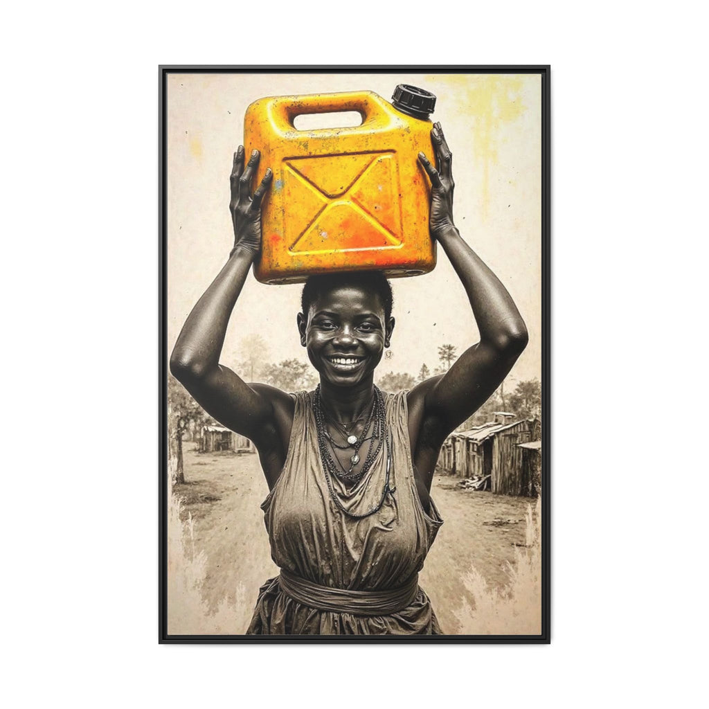 Framed Canvas Art - Joyful Woman Carrying Yellow Water Jerrycan