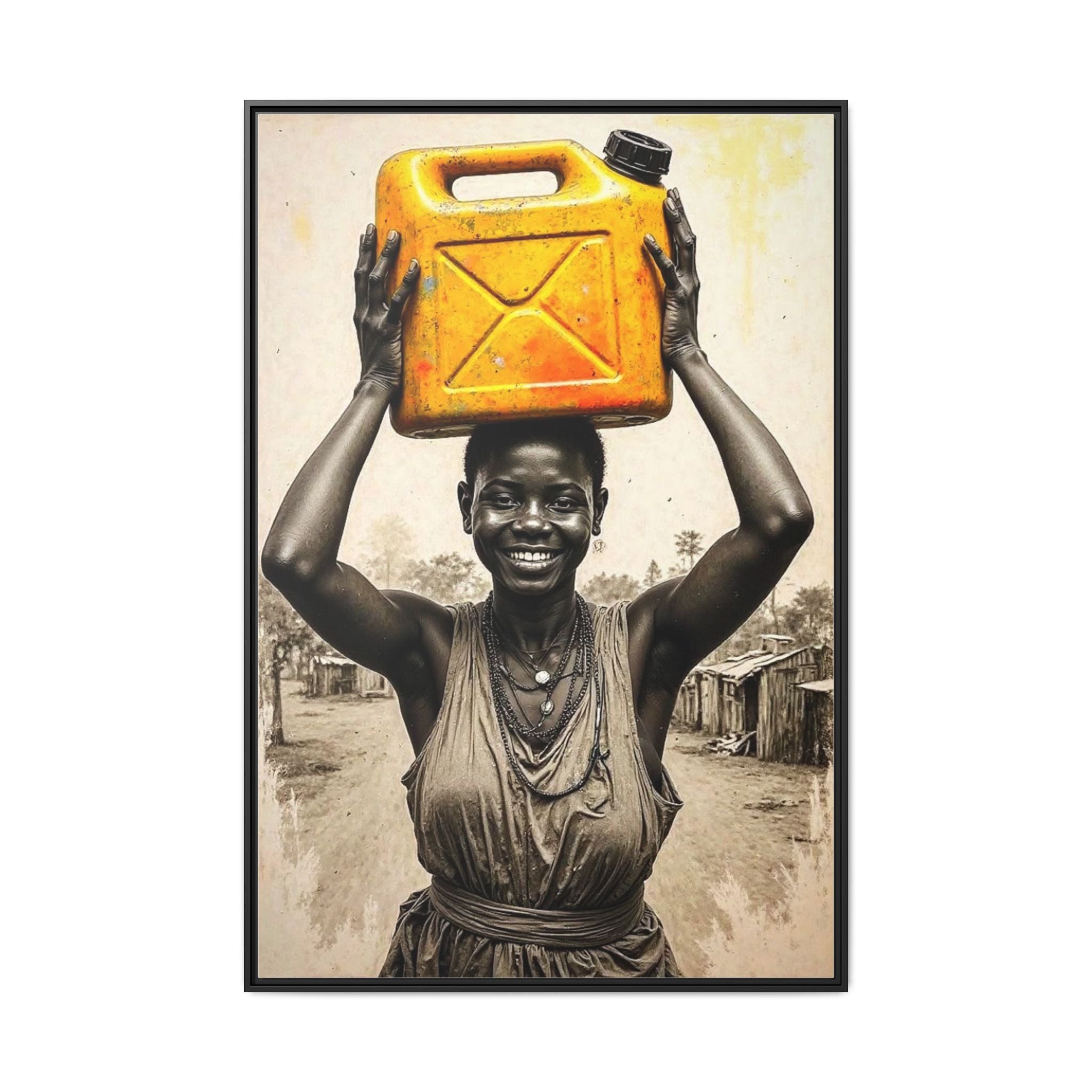 Framed Canvas Art - Joyful Woman Carrying Yellow Water Jerrycan