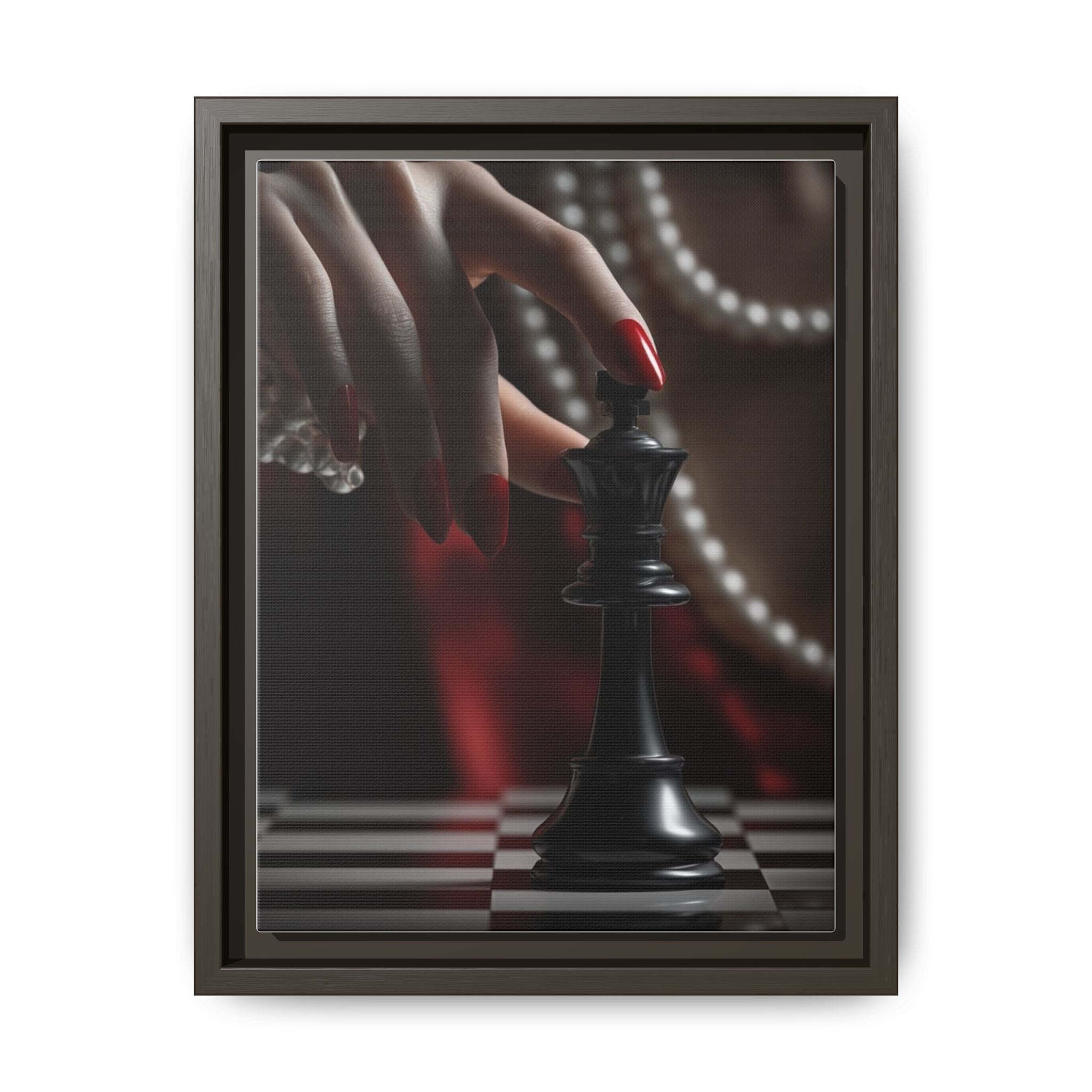 Framed Matte Canvas Art — Femme Hand & Chess King (Pearls, Noir Glam)