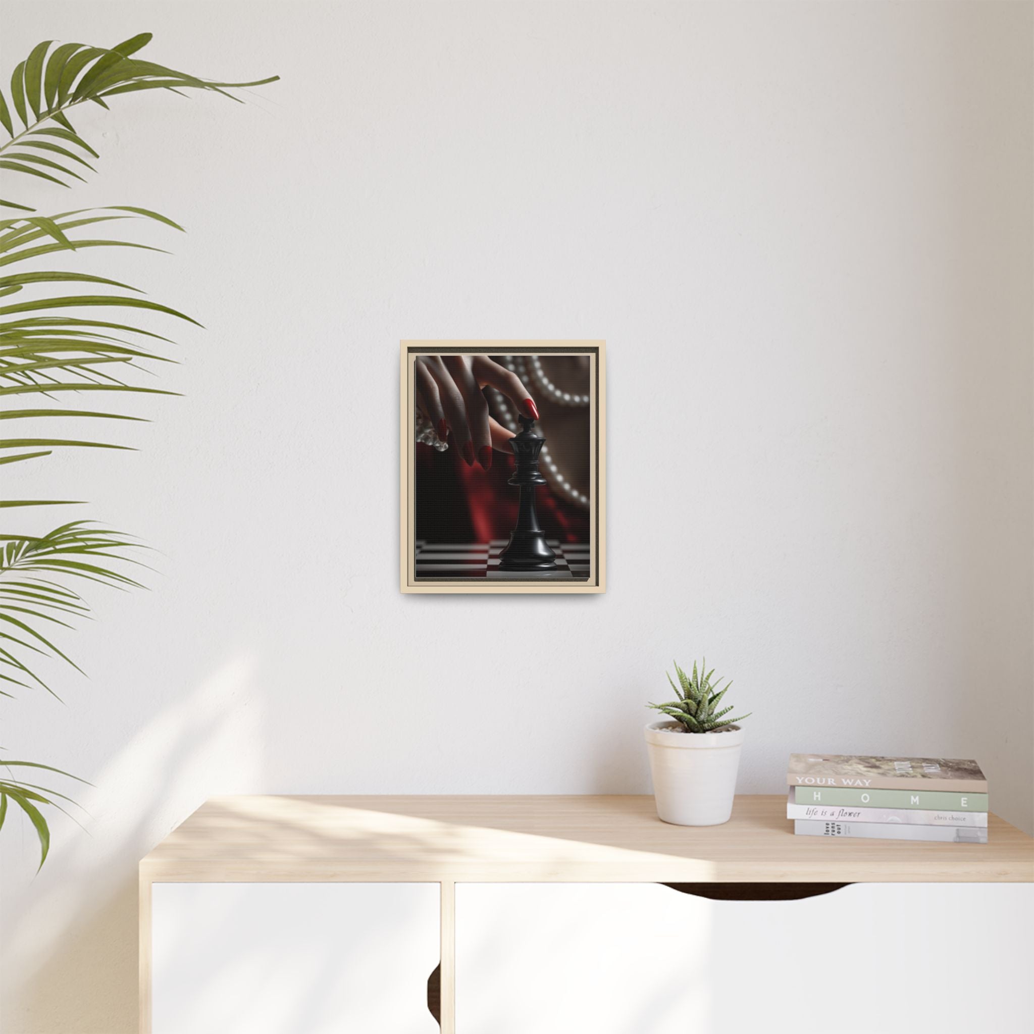 Framed Matte Canvas Art — Femme Hand & Chess King (Pearls, Noir Glam)