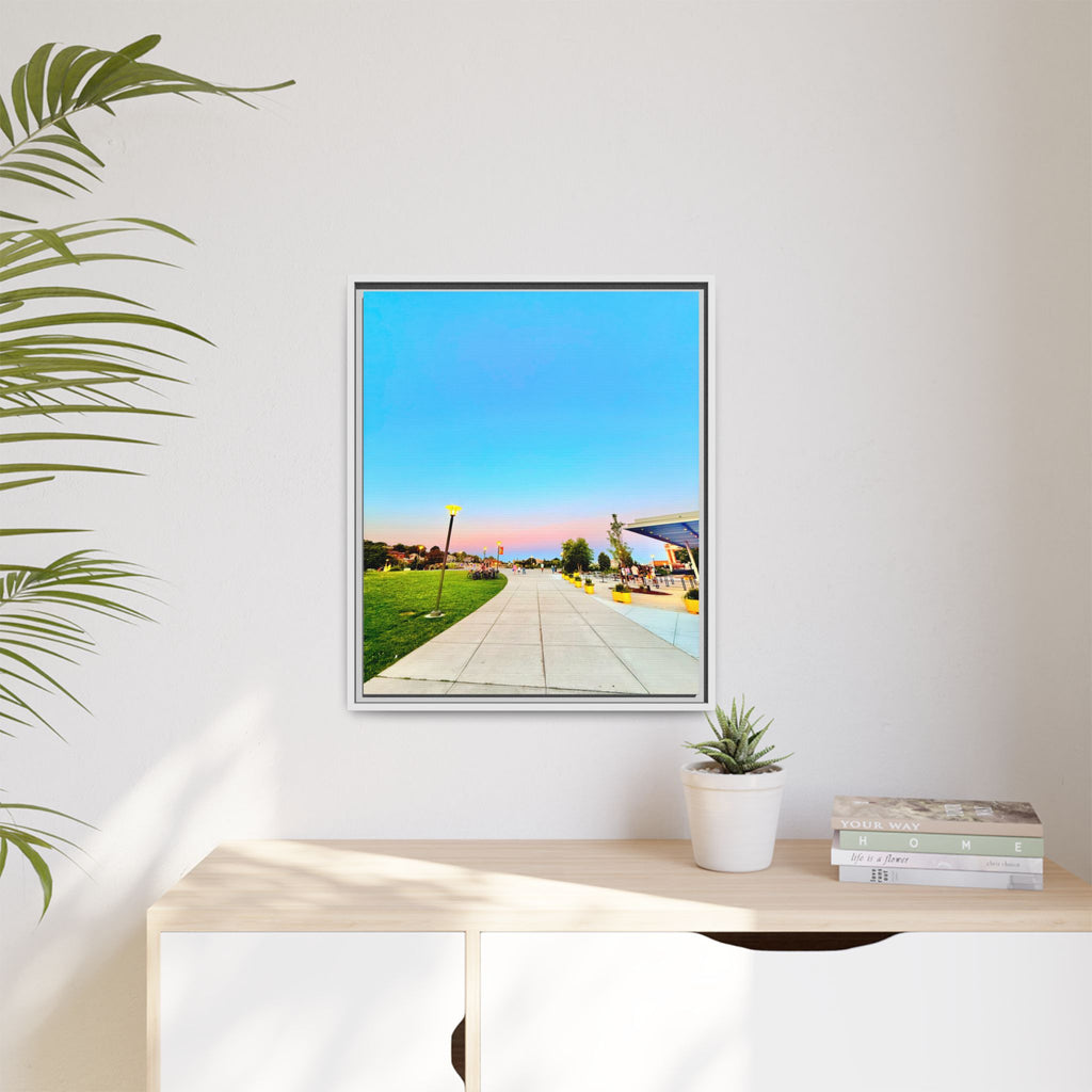 Sunset Promenade Matte Framed Canvas — Pastel Sky Walkway Wall Art