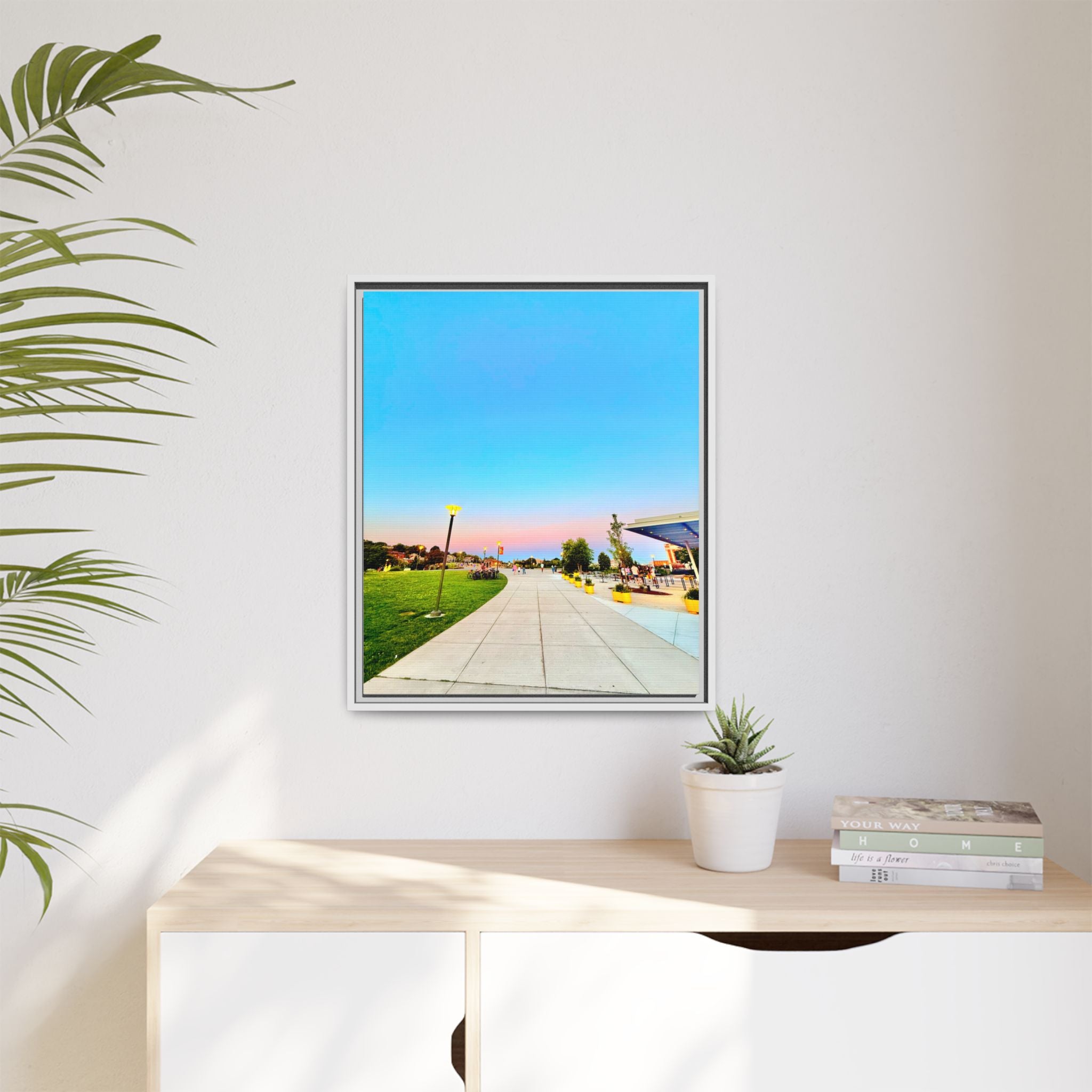 Sunset Promenade Matte Framed Canvas — Pastel Sky Walkway Wall Art