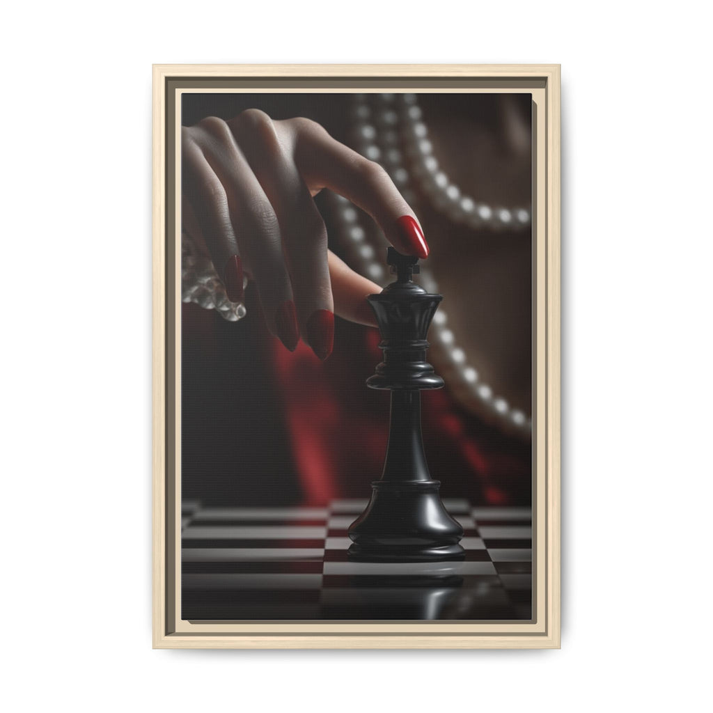 Framed Matte Canvas Art — Femme Hand & Chess King (Pearls, Noir Glam)