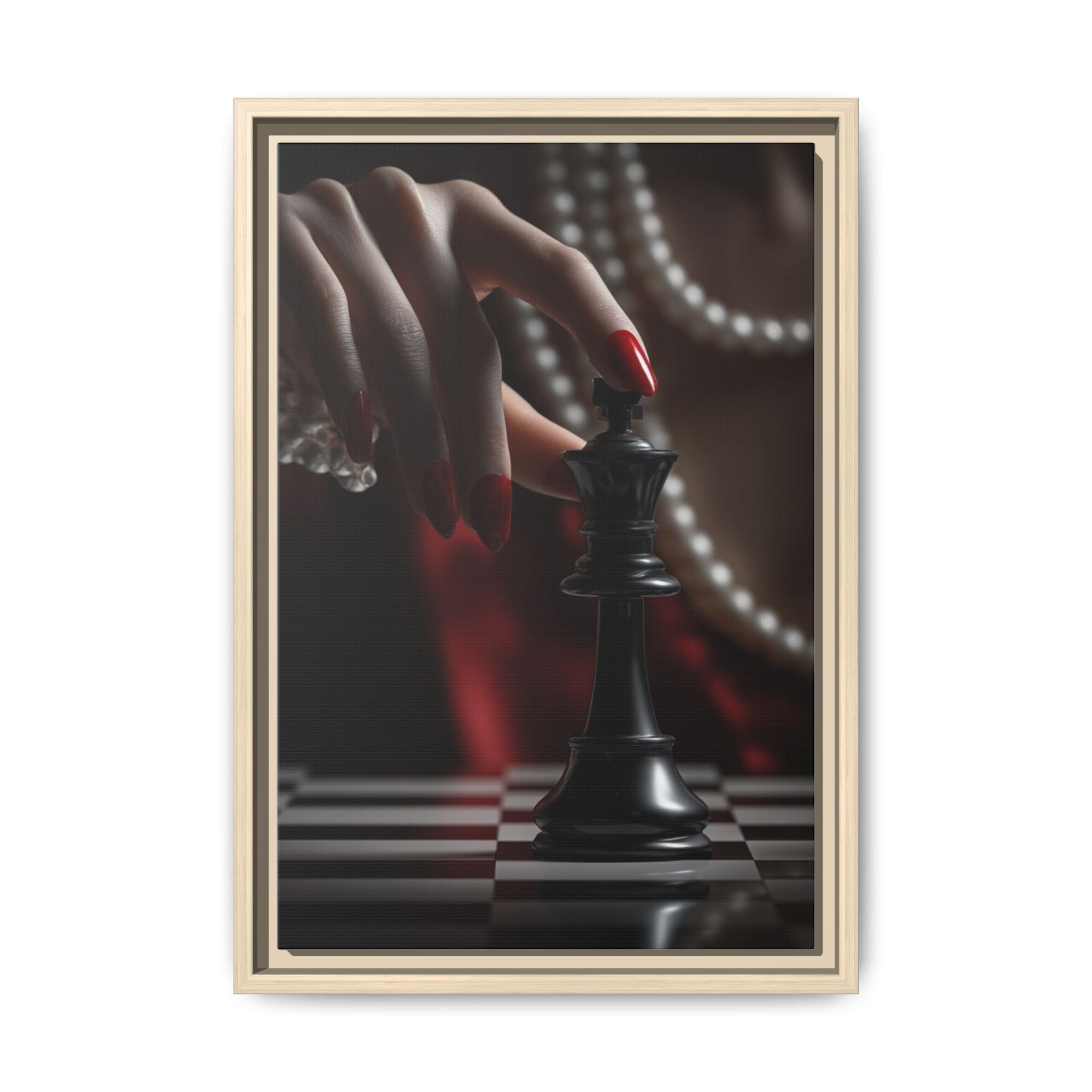 Framed Matte Canvas Art — Femme Hand & Chess King (Pearls, Noir Glam)