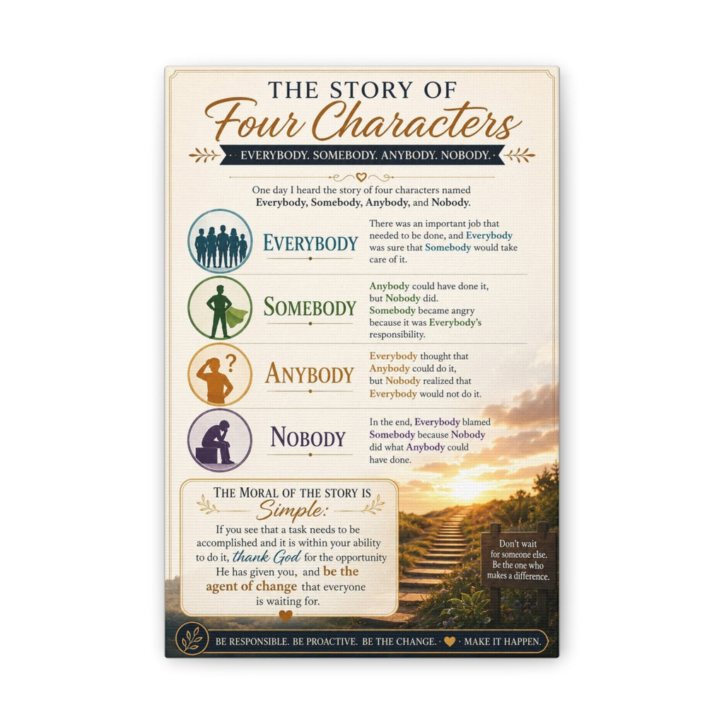 The Story of Four Characters Canvas Wall Art — Inspirational Everybody Somebody Anybody Nobody Print