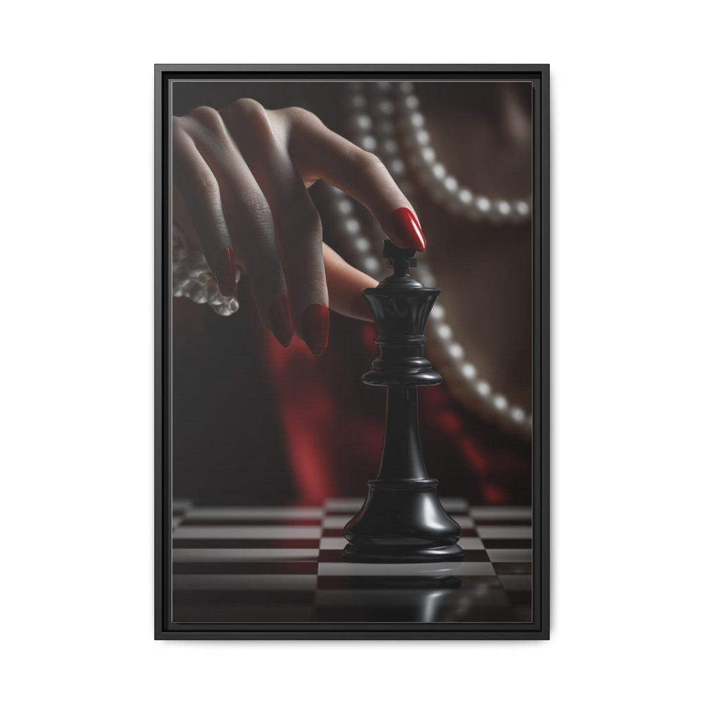 Framed Matte Canvas Art — Femme Hand & Chess King (Pearls, Noir Glam)