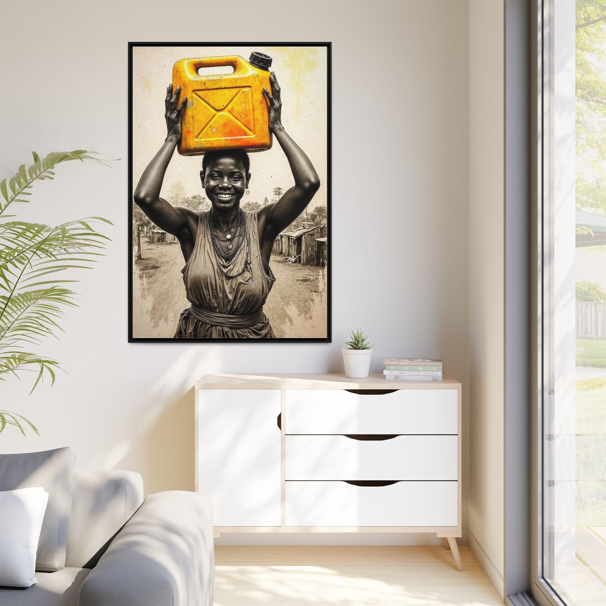 Framed Canvas Art - Joyful Woman Carrying Yellow Water Jerrycan