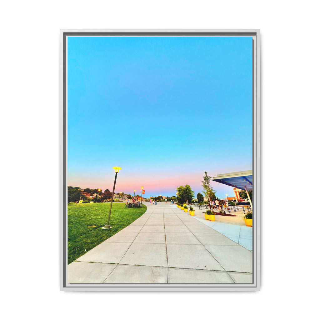 Sunset Promenade Matte Framed Canvas — Pastel Sky Walkway Wall Art