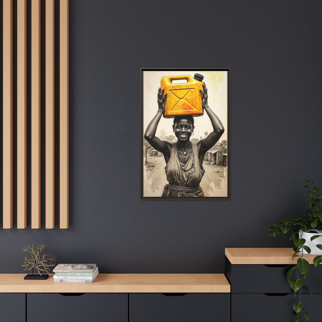 Framed Canvas Art - Joyful Woman Carrying Yellow Water Jerrycan