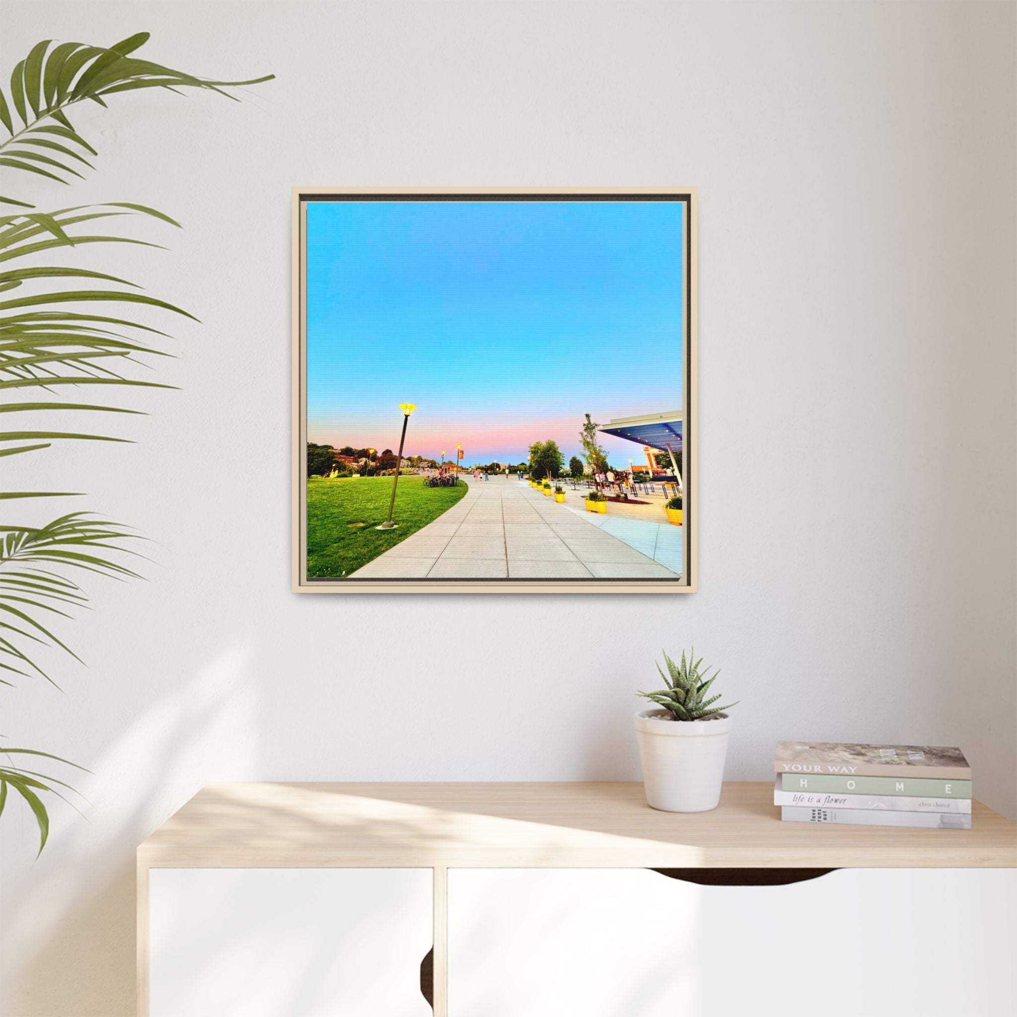 Sunset Promenade Matte Framed Canvas — Pastel Sky Walkway Wall Art