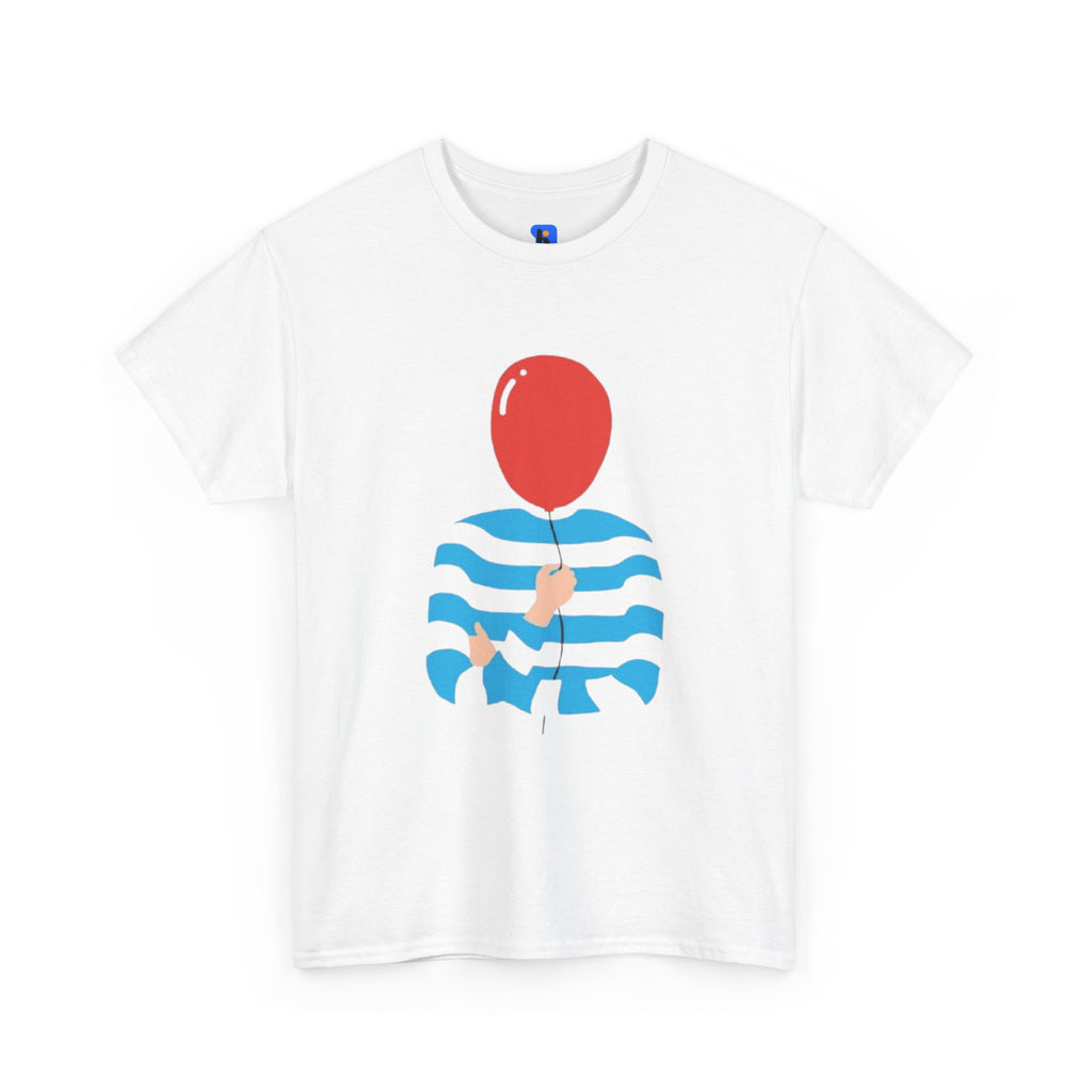 Striped Sweater Balloon Tee — Minimalist Red Balloon Graphic T-Shirt