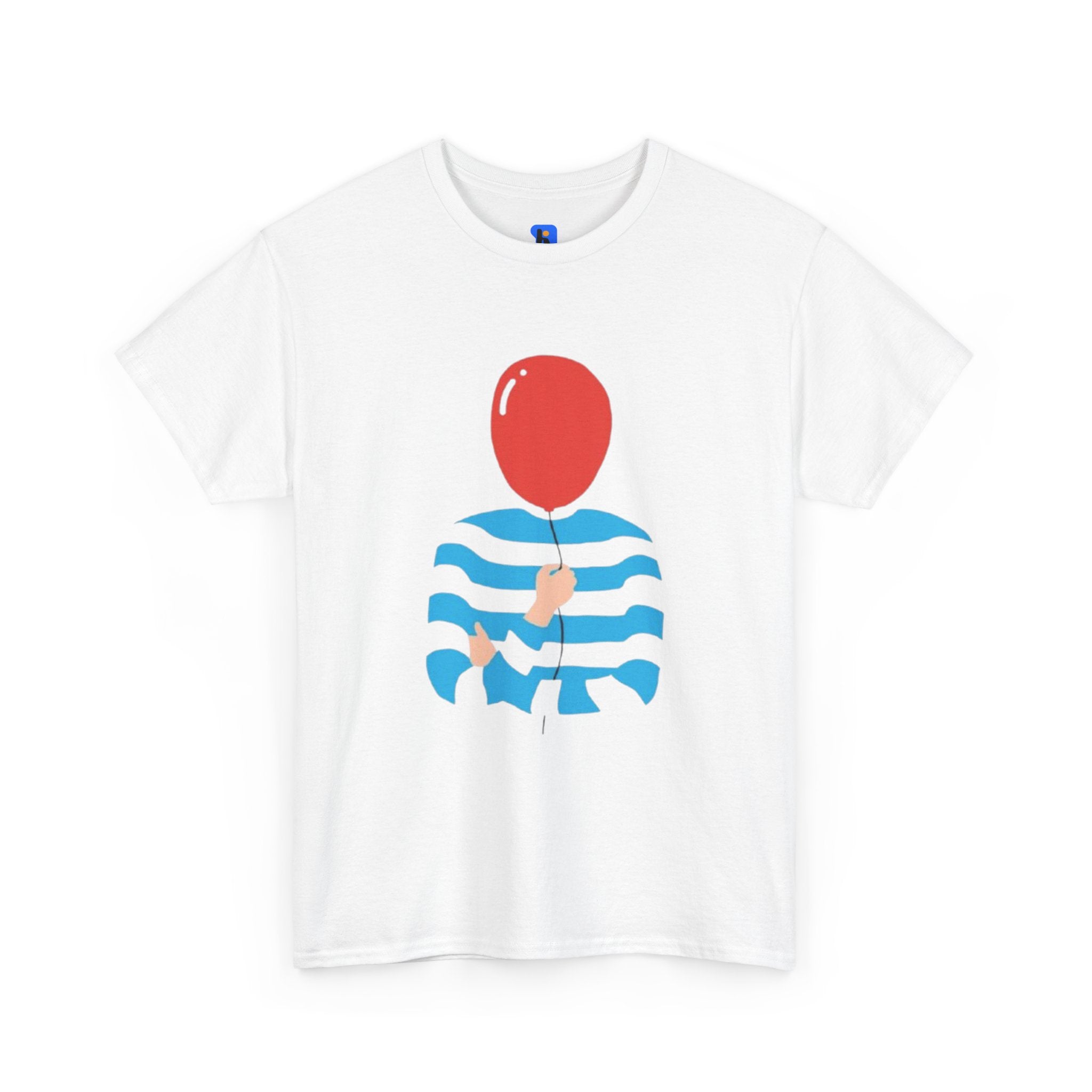 Striped Sweater Balloon Tee — Minimalist Red Balloon Graphic T-Shirt