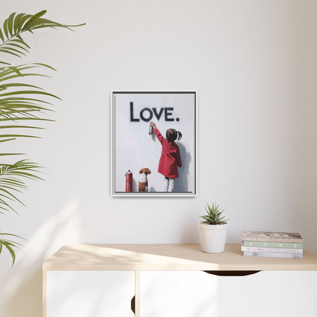 'LOVE.' Girl Spray-Painting with Dog- Framed Canvas Art
