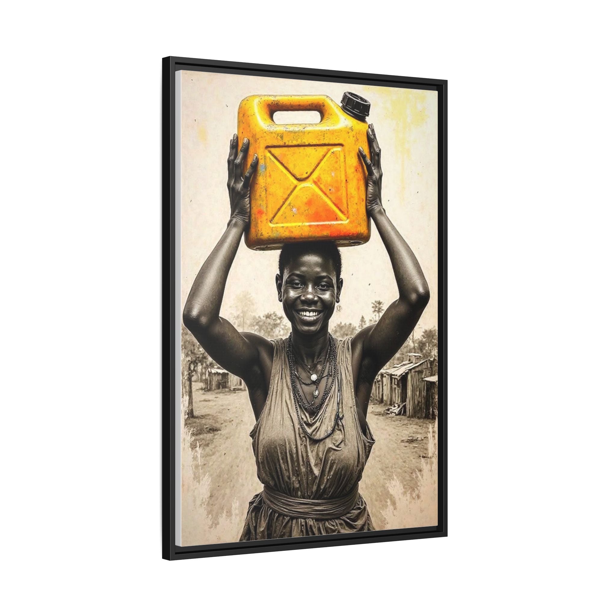Framed Canvas Art - Joyful Woman Carrying Yellow Water Jerrycan