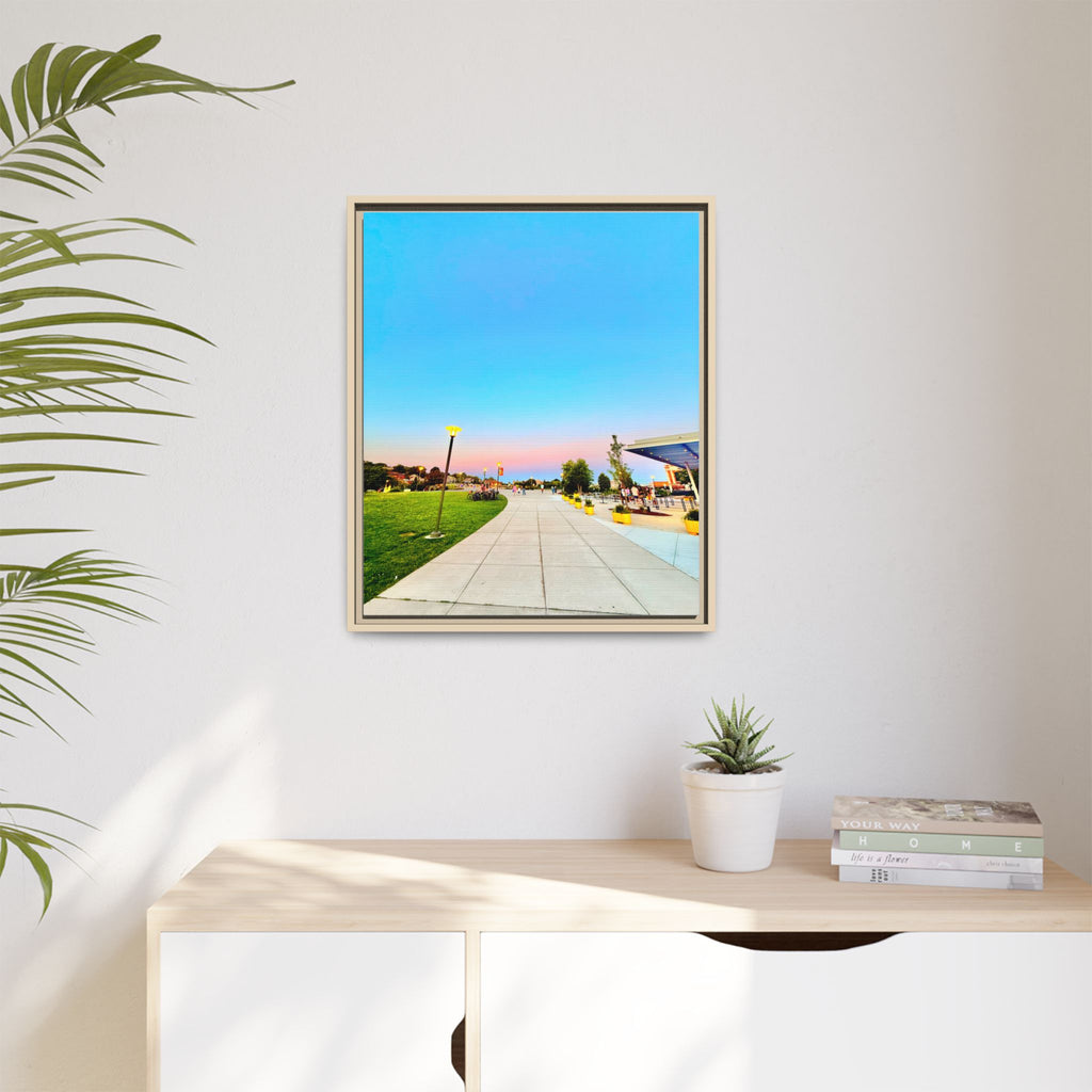 Sunset Promenade Matte Framed Canvas — Pastel Sky Walkway Wall Art