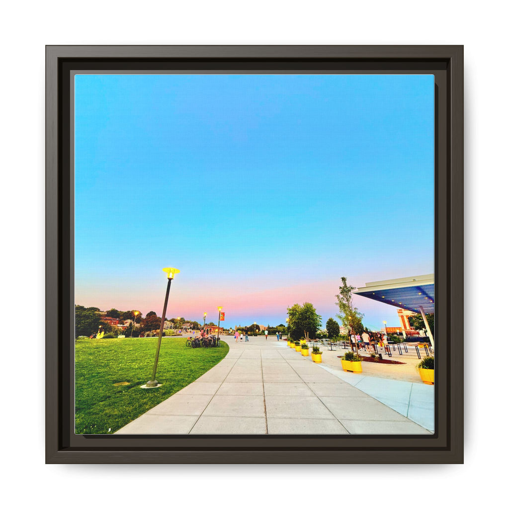 Sunset Promenade Matte Framed Canvas — Pastel Sky Walkway Wall Art
