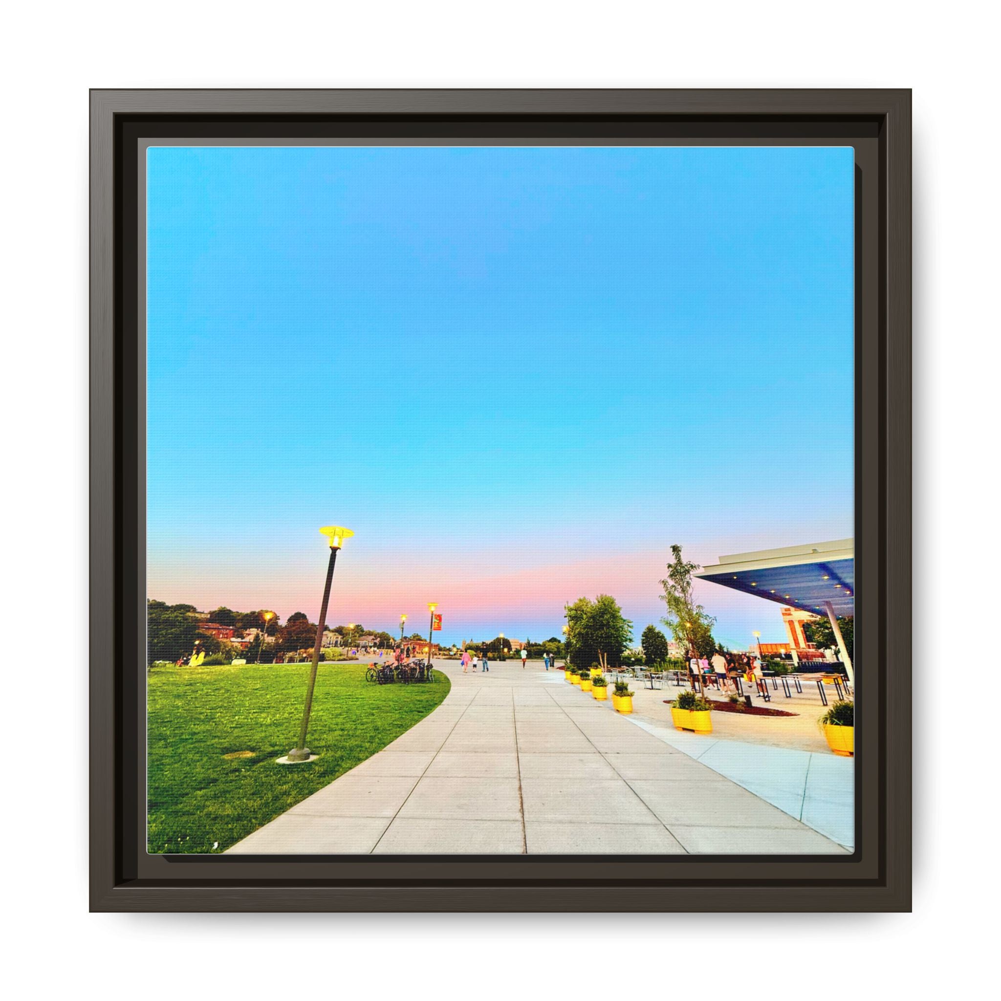 Sunset Promenade Matte Framed Canvas — Pastel Sky Walkway Wall Art