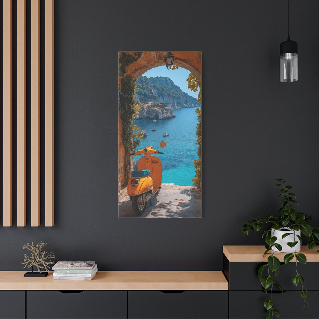 Mediterranean Scooter Canvas Print – Sunny Coastal Archway Wall Art