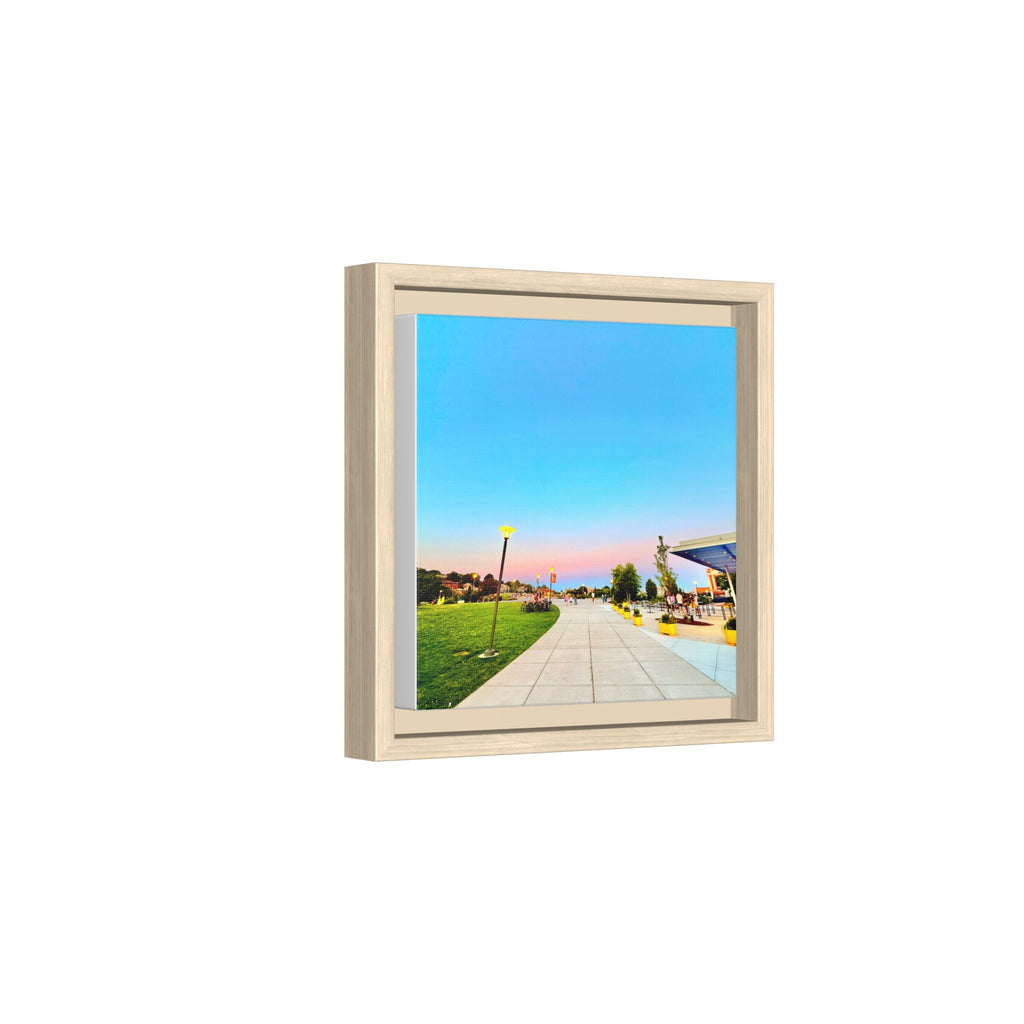 Sunset Promenade Matte Framed Canvas — Pastel Sky Walkway Wall Art