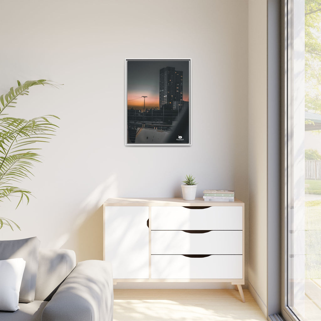 Framed Matte Canvas Print — Urban Sunset High-Rise Photography