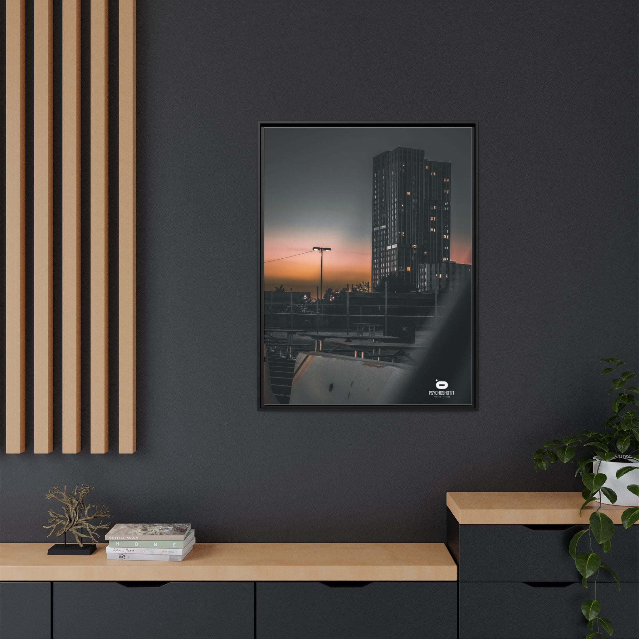Framed Matte Canvas Print — Urban Sunset High-Rise Photography