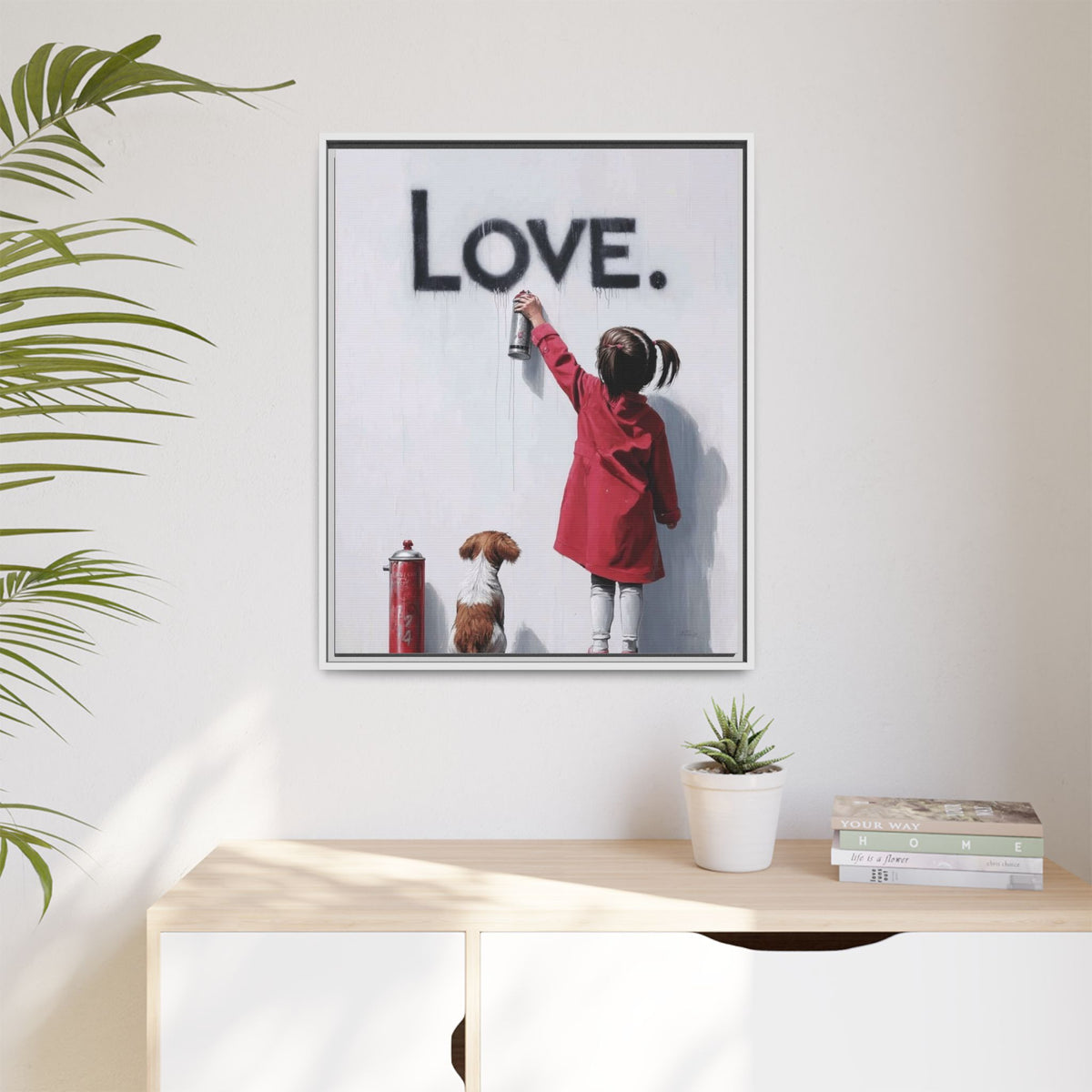 'LOVE.' Girl Spray-Painting with Dog- Framed Canvas Art