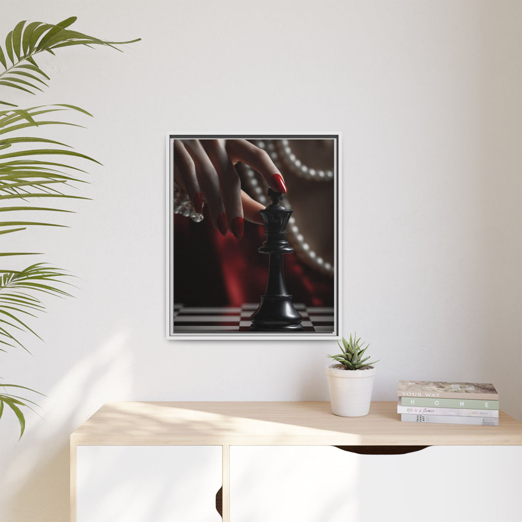 Framed Matte Canvas Art — Femme Hand & Chess King (Pearls, Noir Glam)