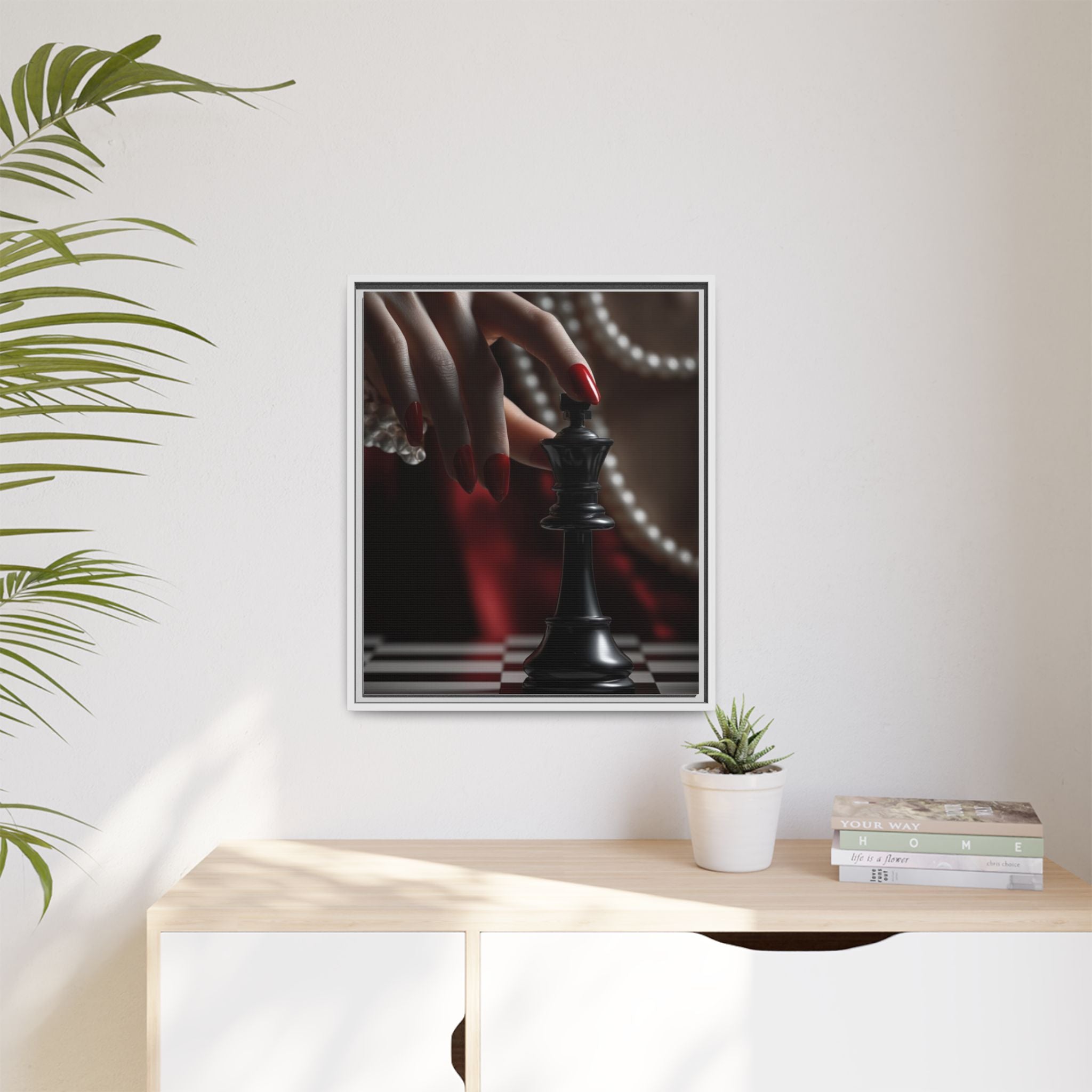 Framed Matte Canvas Art — Femme Hand & Chess King (Pearls, Noir Glam)