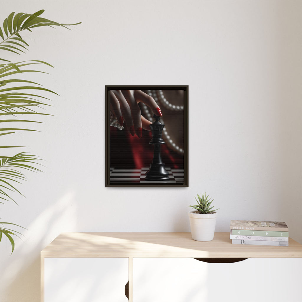 Framed Matte Canvas Art — Femme Hand & Chess King (Pearls, Noir Glam)