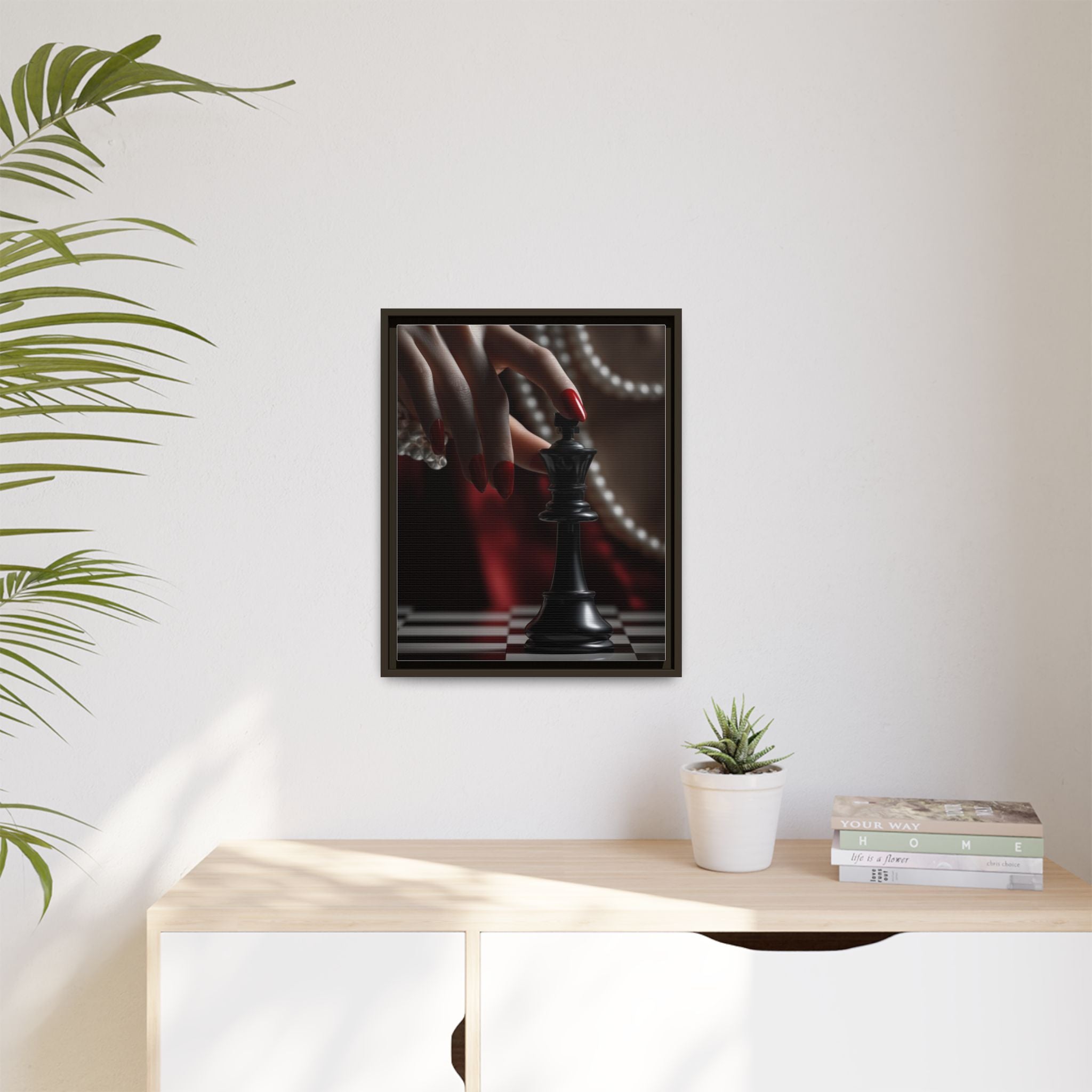 Framed Matte Canvas Art — Femme Hand & Chess King (Pearls, Noir Glam)
