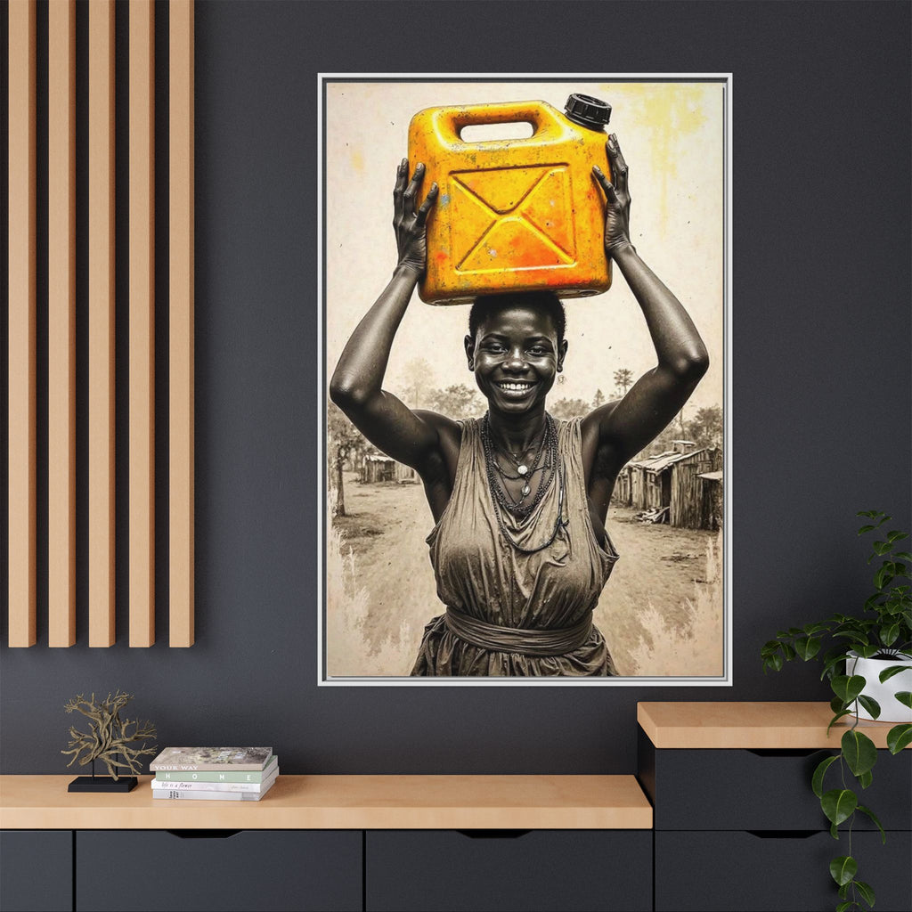 Framed Canvas Art - Joyful Woman Carrying Yellow Water Jerrycan