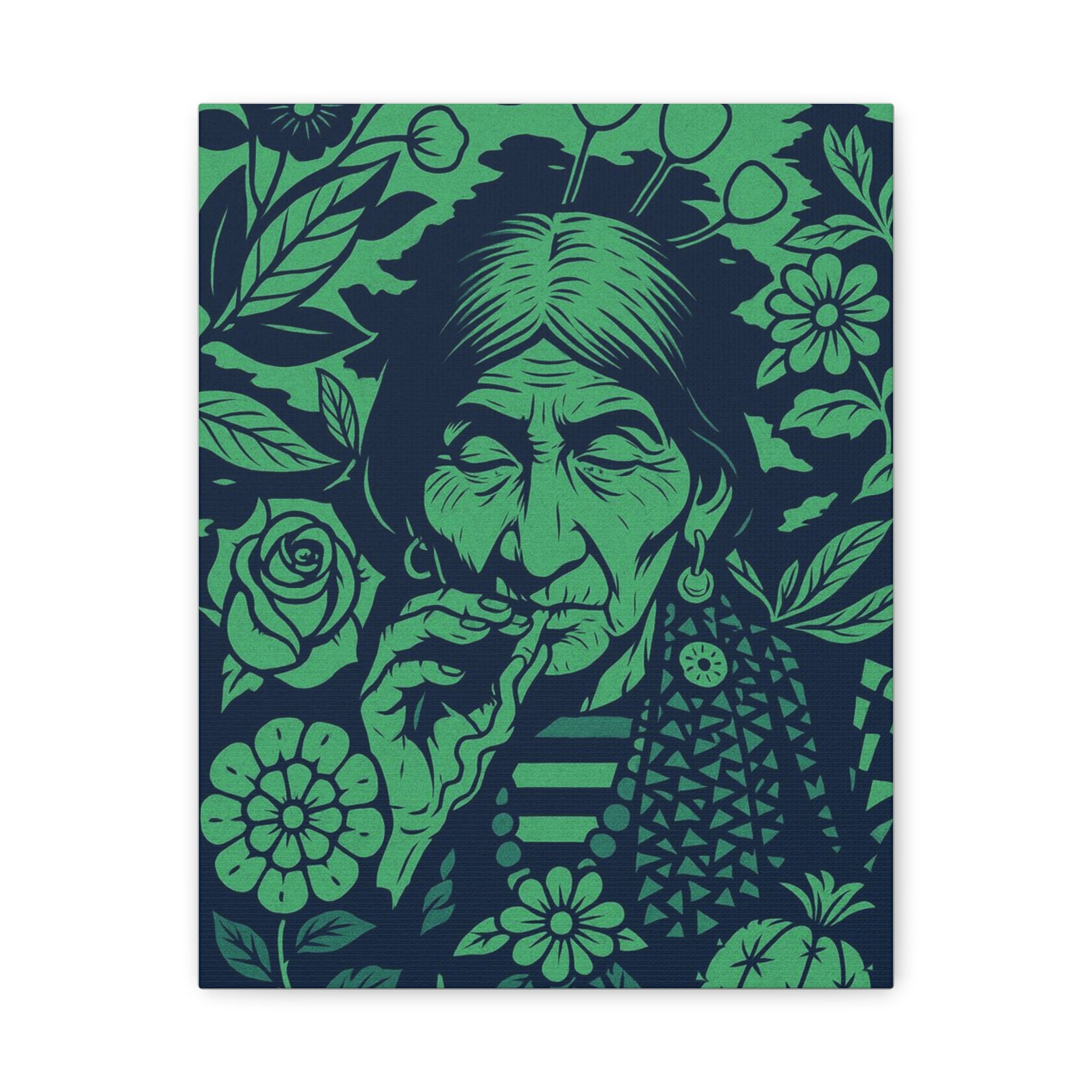 Vintage Smoking Woman Art Canvas — Green Floral Stretched Wall Art