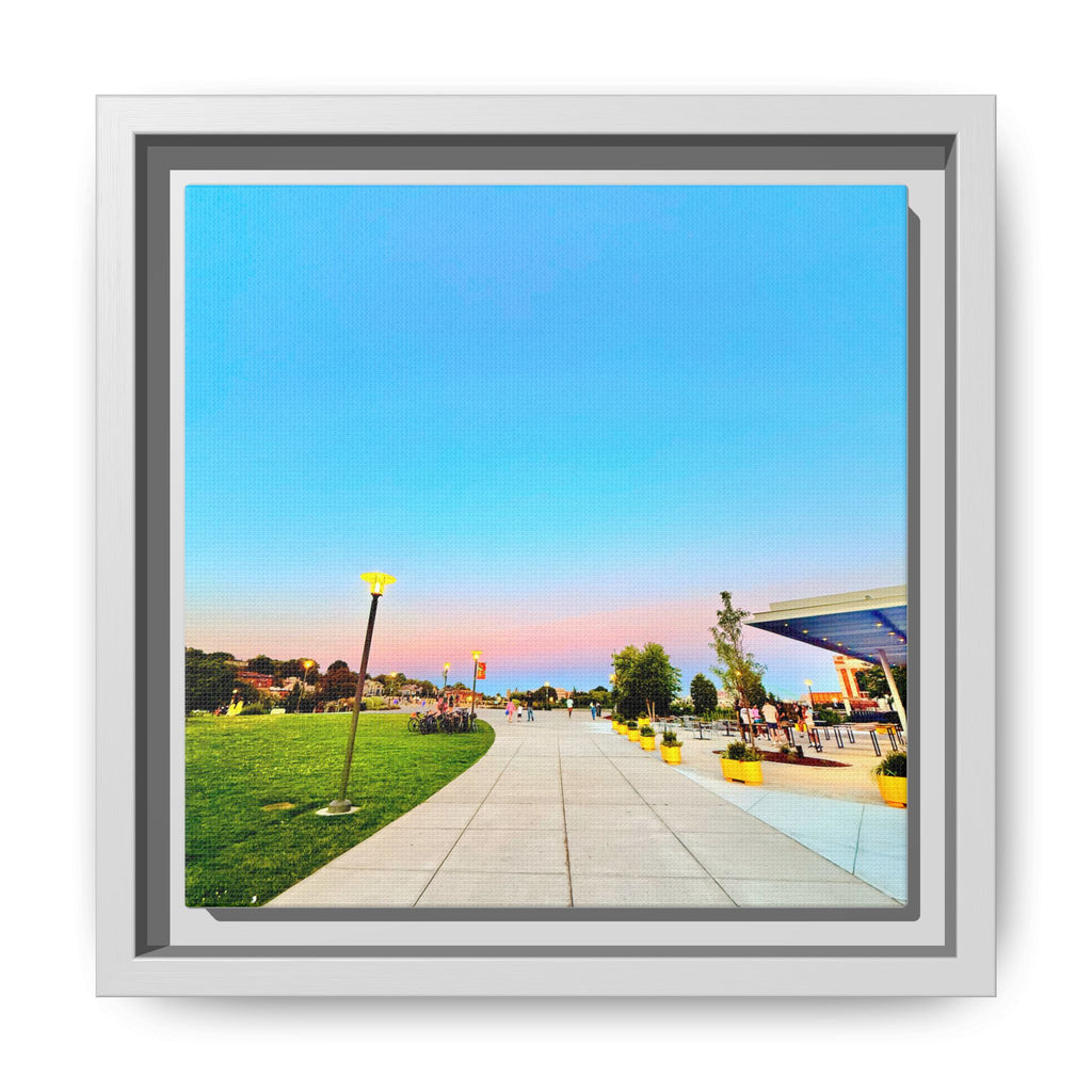 Sunset Promenade Matte Framed Canvas — Pastel Sky Walkway Wall Art
