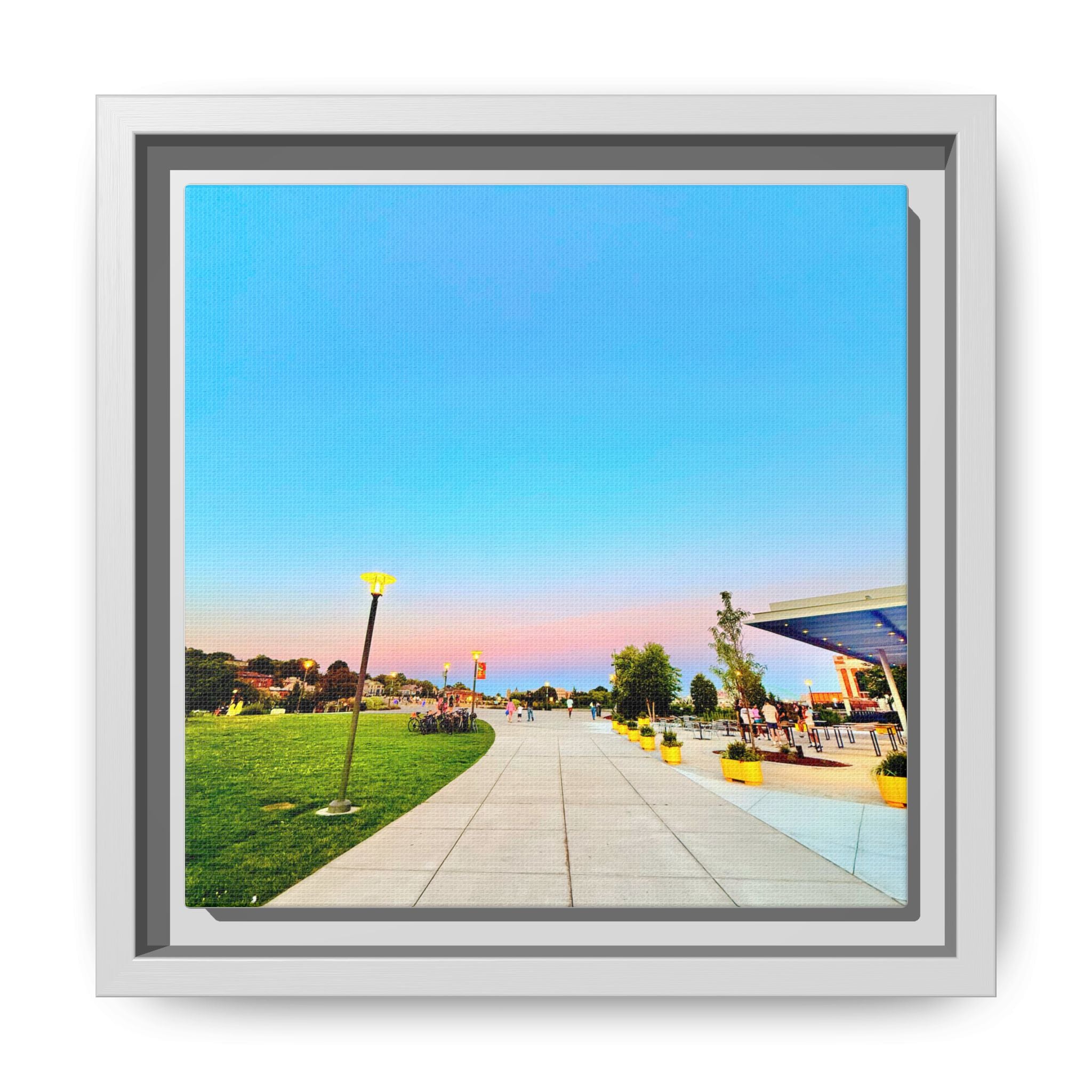 Sunset Promenade Matte Framed Canvas — Pastel Sky Walkway Wall Art