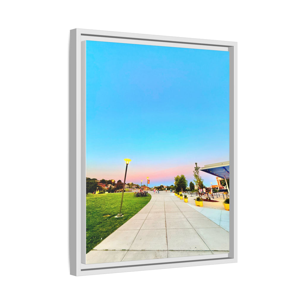 Sunset Promenade Matte Framed Canvas — Pastel Sky Walkway Wall Art