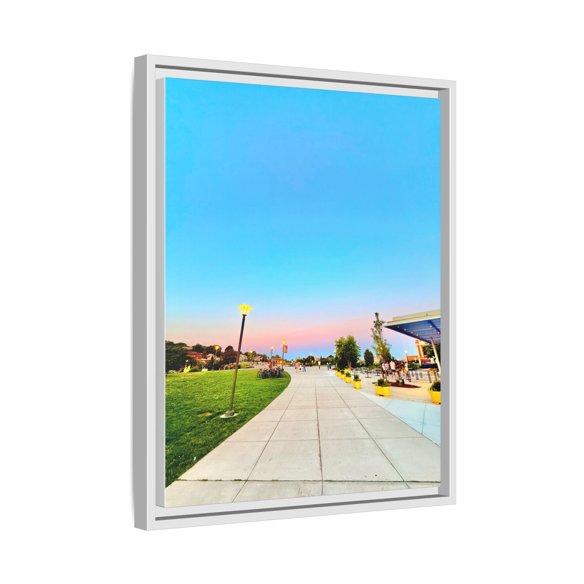 Sunset Promenade Matte Framed Canvas — Pastel Sky Walkway Wall Art