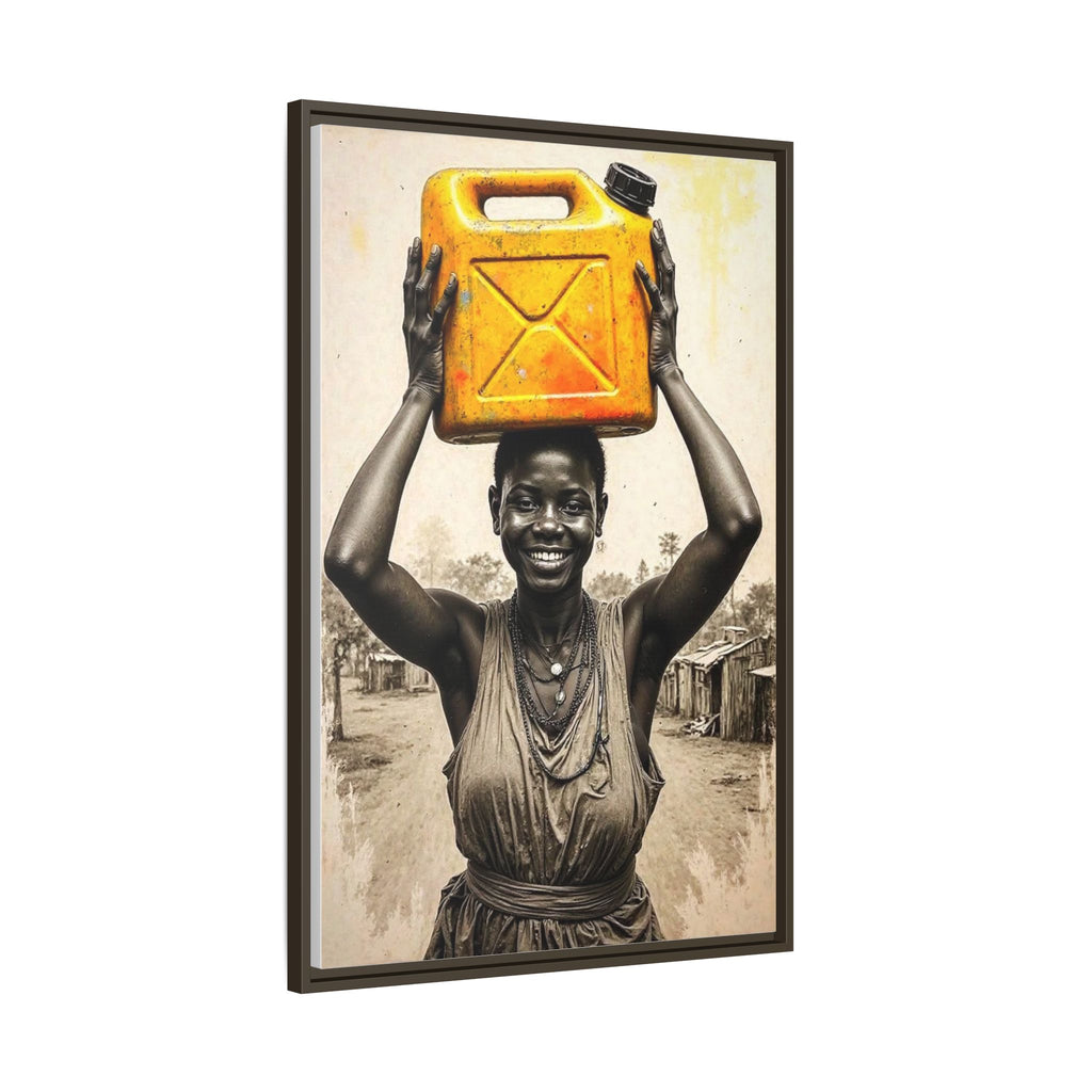 Framed Canvas Art - Joyful Woman Carrying Yellow Water Jerrycan