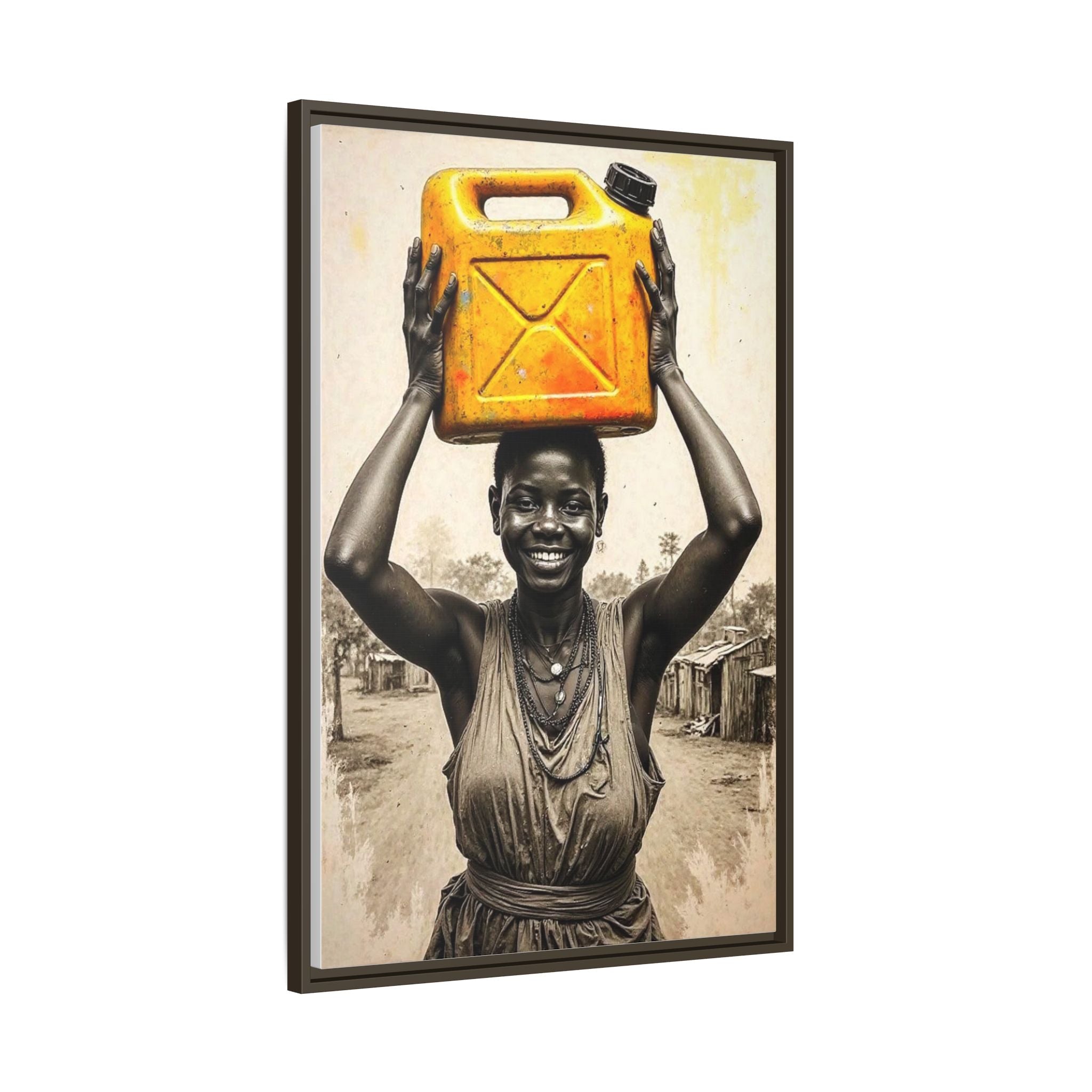 Framed Canvas Art - Joyful Woman Carrying Yellow Water Jerrycan
