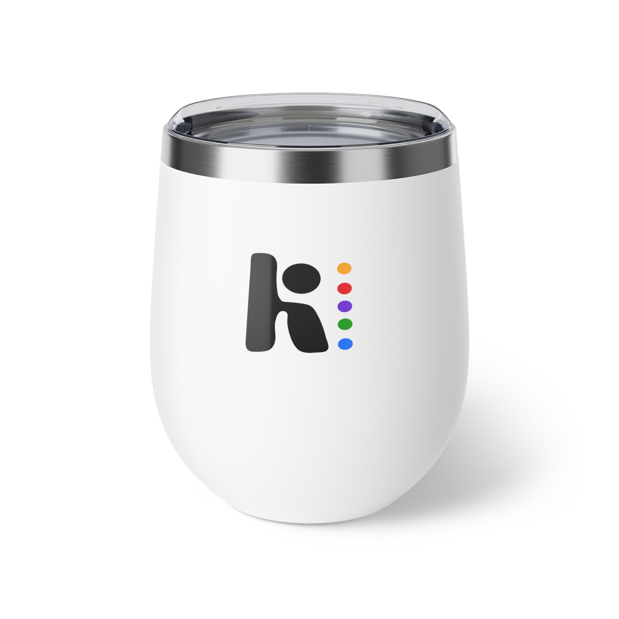 Insulated Wine Tumbler — Matte Black Copper Vacuum 12oz with Rainbow Dot Logo