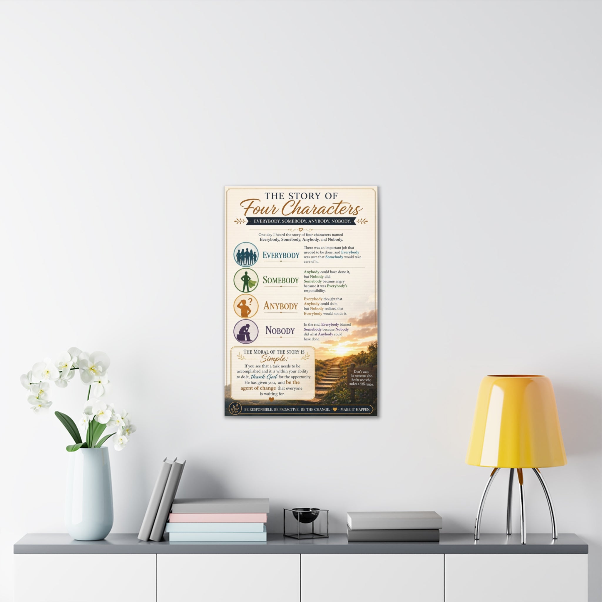 The Story of Four Characters Canvas Wall Art — Inspirational Everybody Somebody Anybody Nobody Print